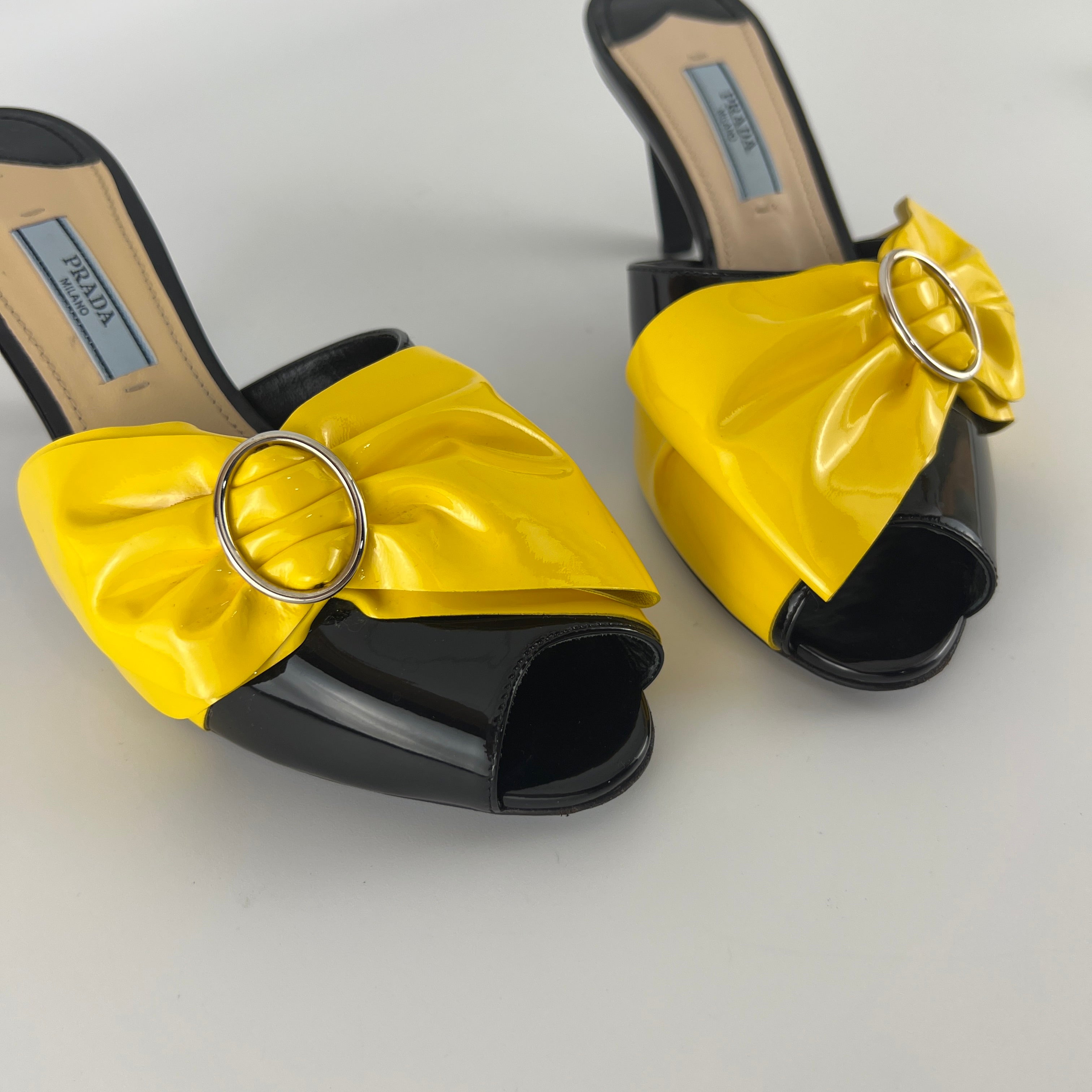 Prada | Yellow Knot Black Patent Leather Mid Heel Mules (36)