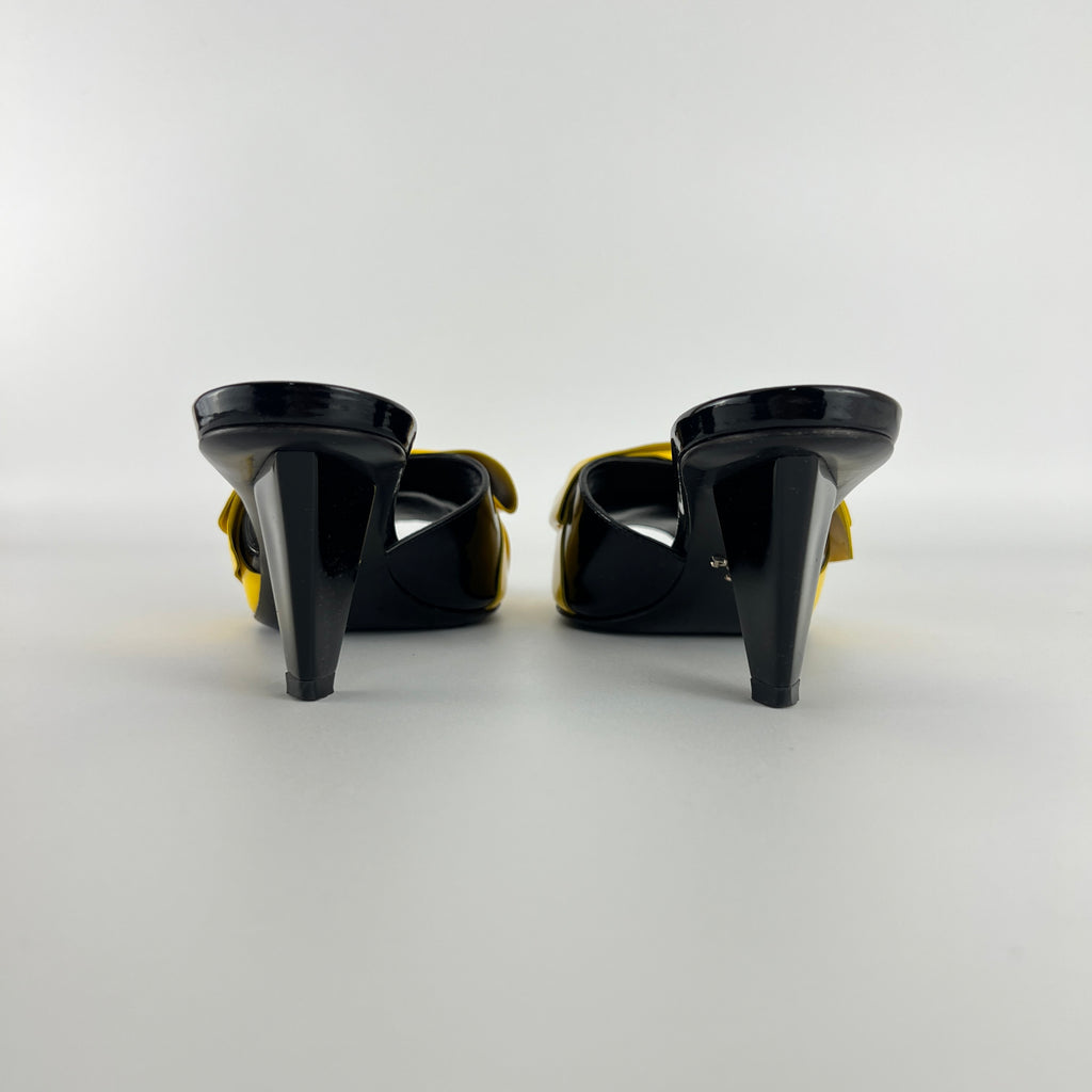 Prada | Yellow Knot Black Patent Leather Mid Heel Mules (36)
