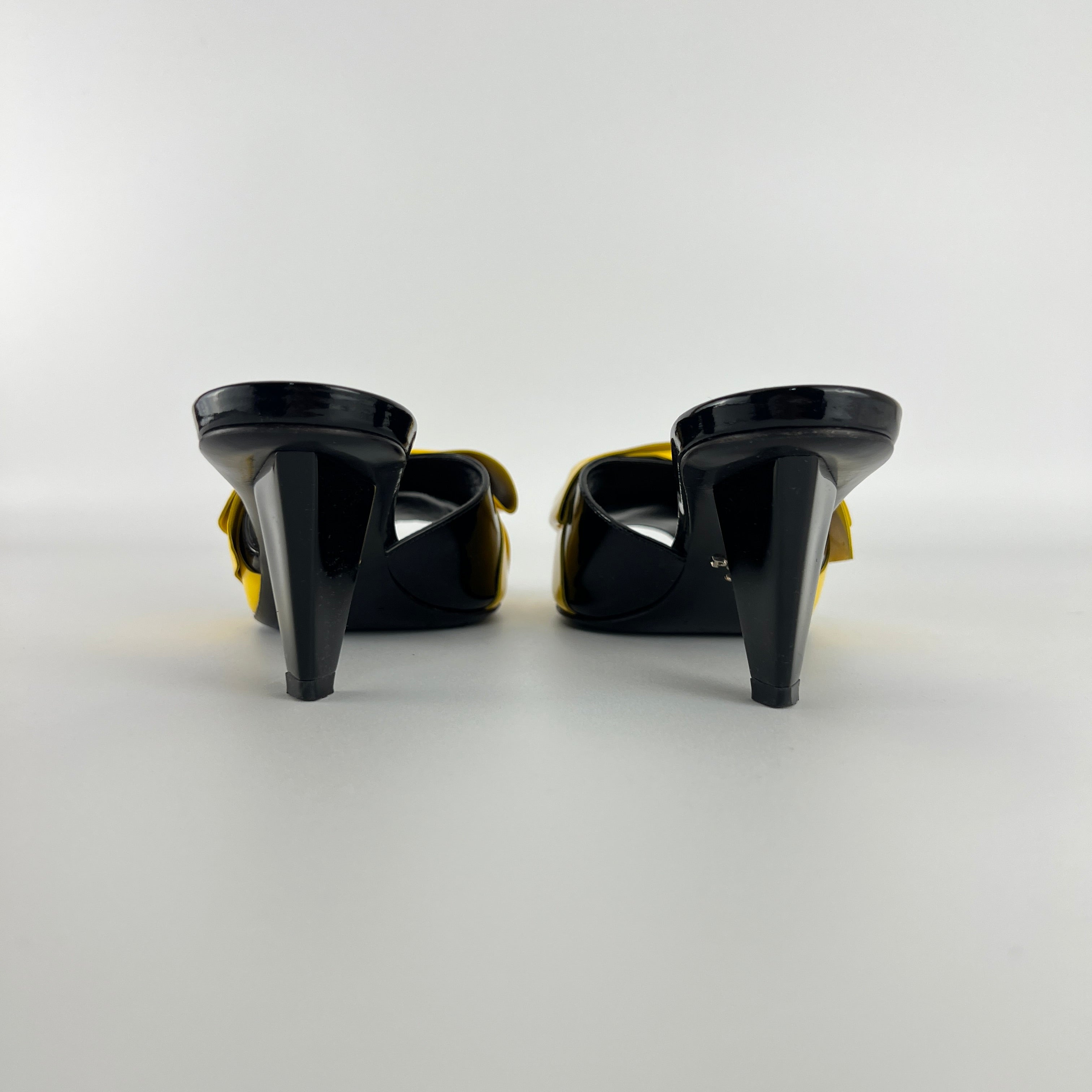 Prada | Yellow Knot Black Patent Leather Mid Heel Mules (36)