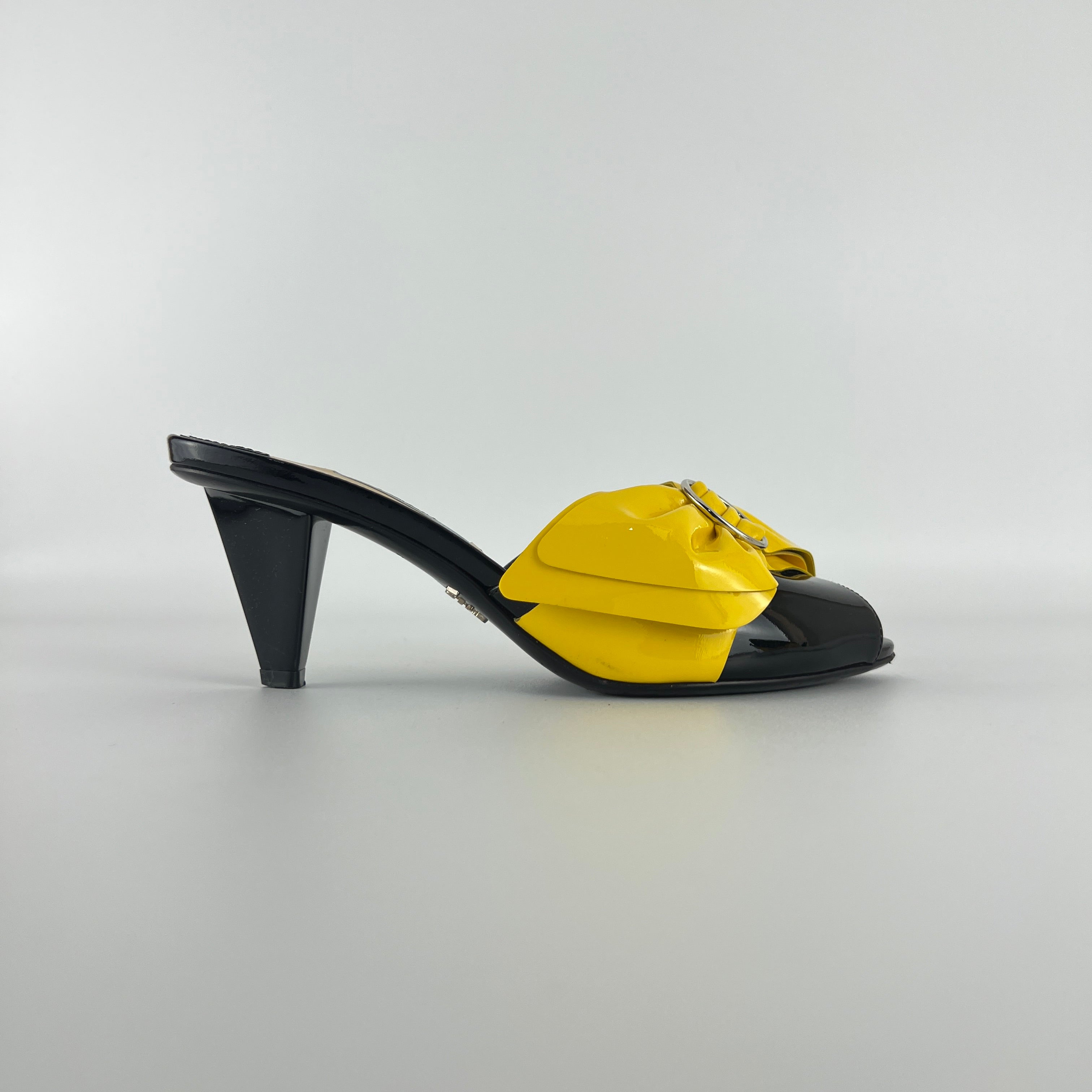 Prada | Yellow Knot Black Patent Leather Mid Heel Mules (36)