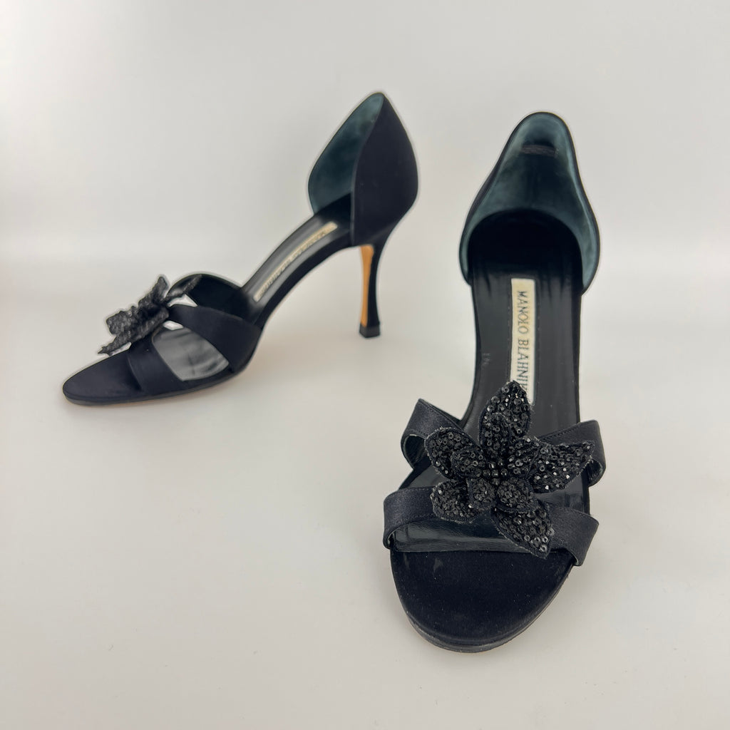 Manolo Blahnik | Black Satin Crystal Embellished Flower D'Orsay Pumps (35)