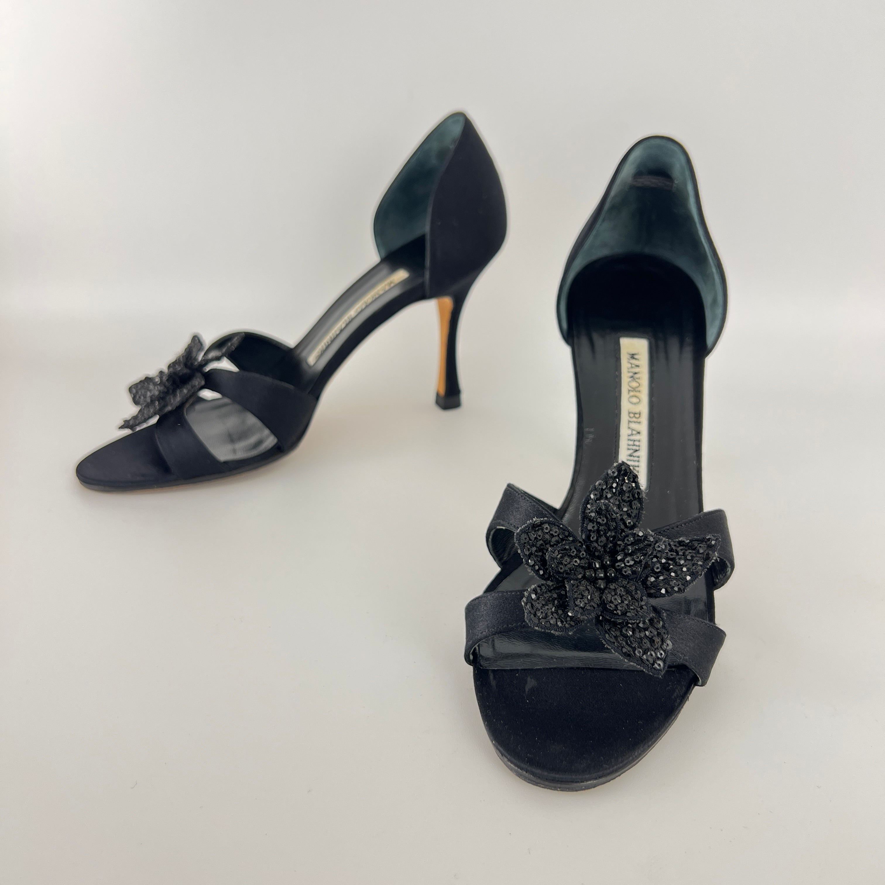 Manolo Blahnik | Black Satin Crystal Embellished Flower D'Orsay Pumps (35)