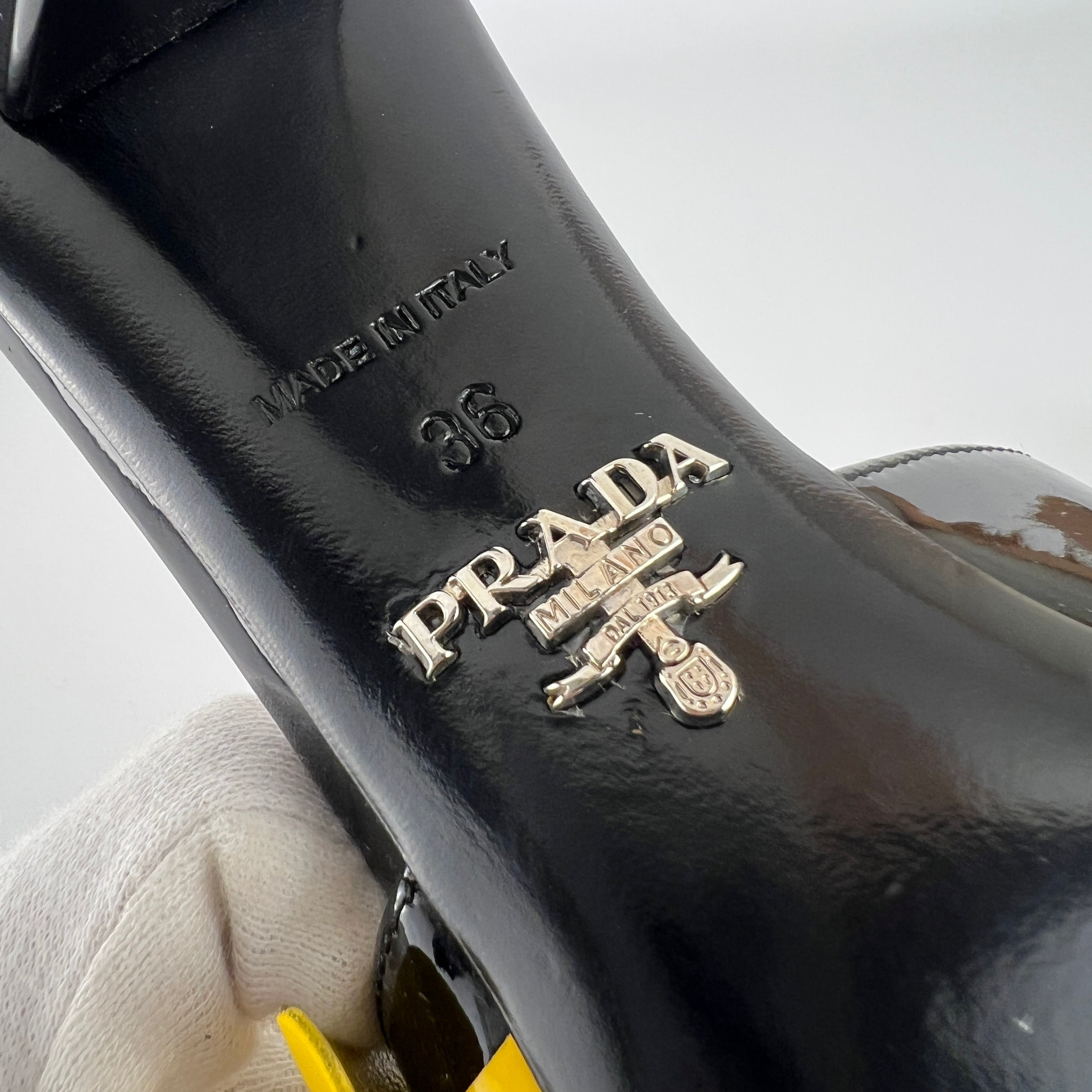 Prada | Yellow Knot Black Patent Leather Mid Heel Mules (36)