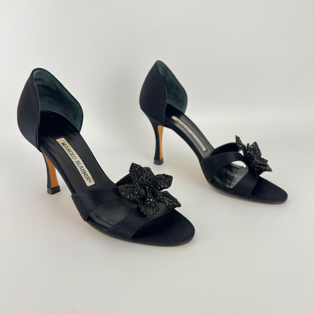 Manolo Blahnik | Black Satin Crystal Embellished Flower D'Orsay Pumps (35)