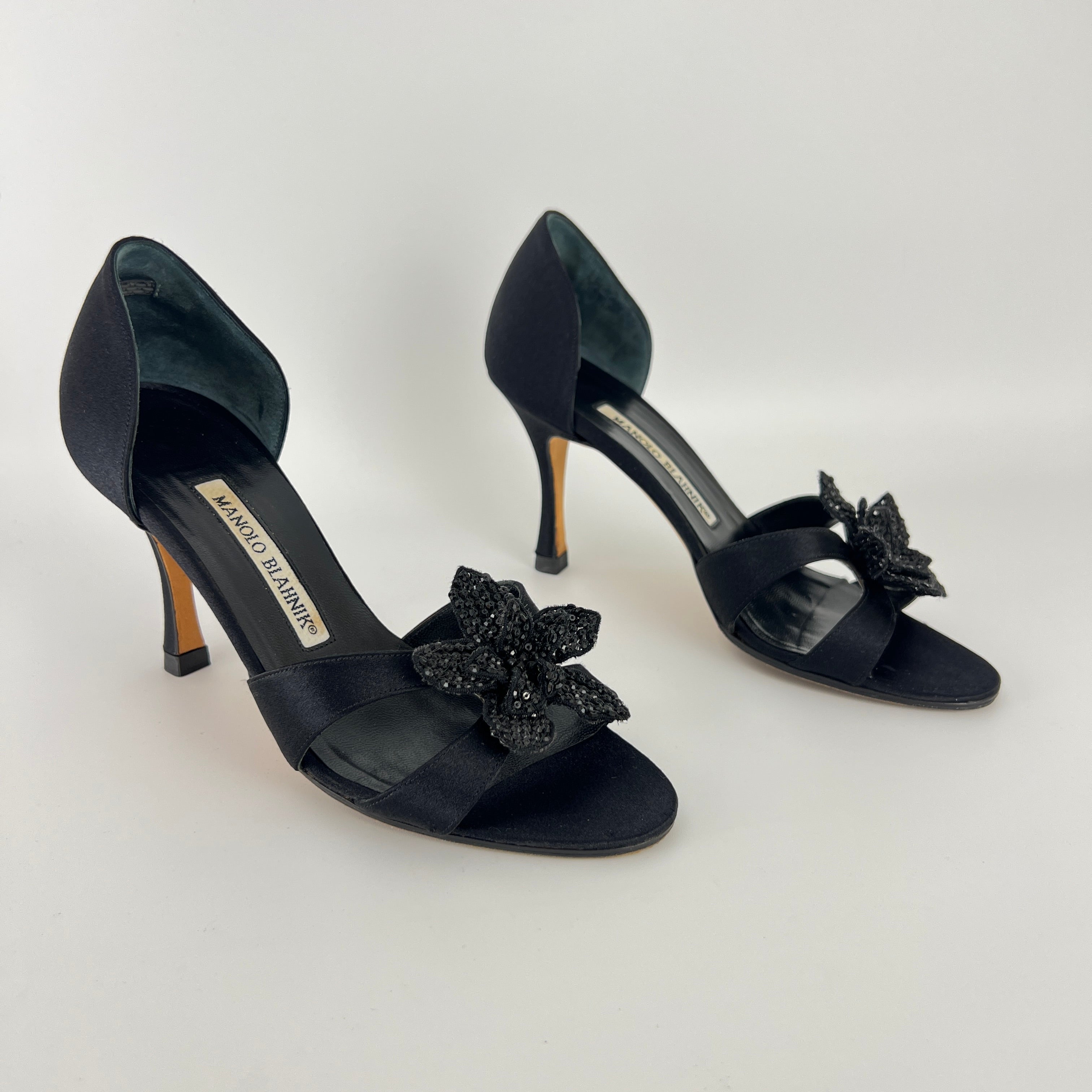 Manolo Blahnik | Black Satin Crystal Embellished Flower D'Orsay Pumps (35)