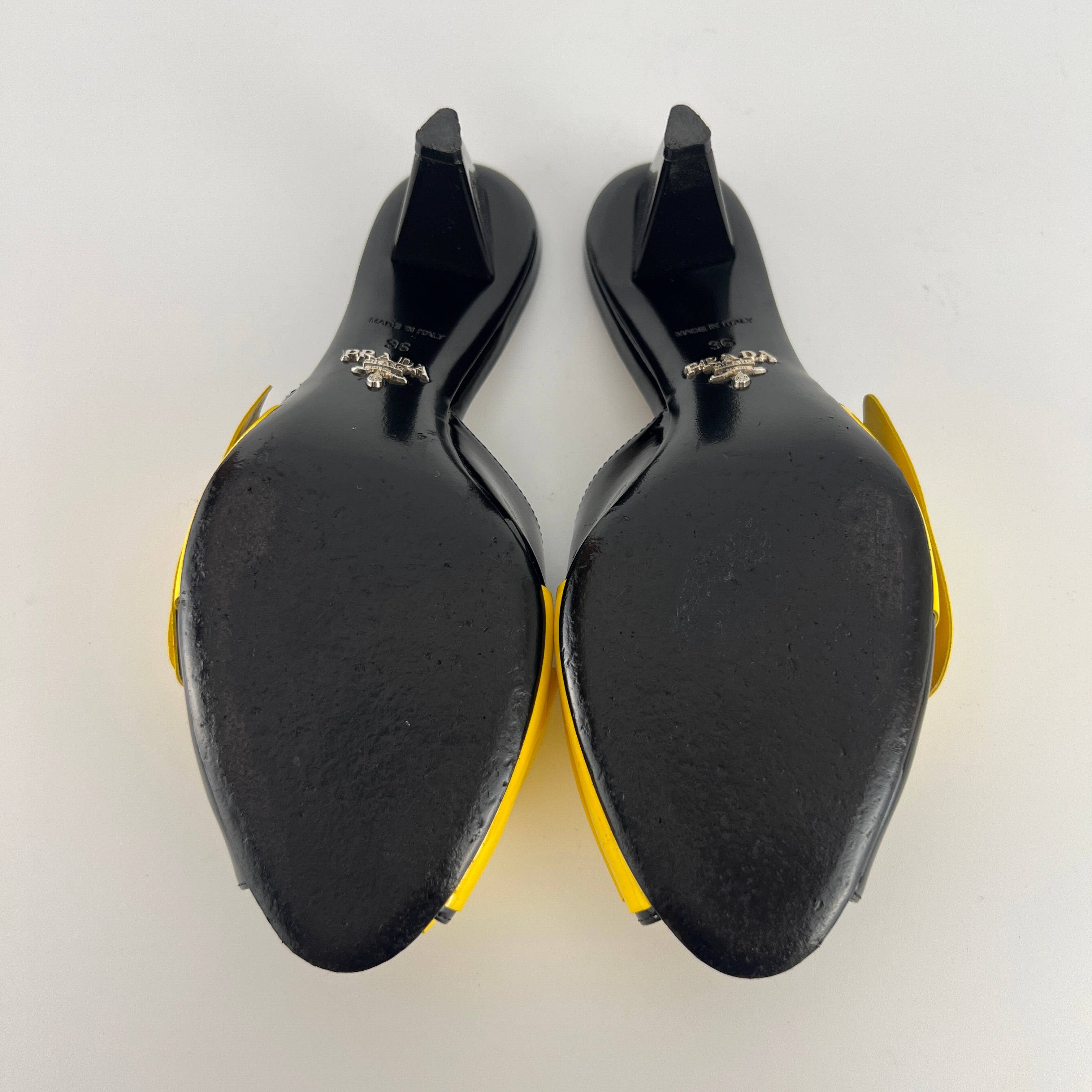 Prada | Yellow Knot Black Patent Leather Mid Heel Mules (36)