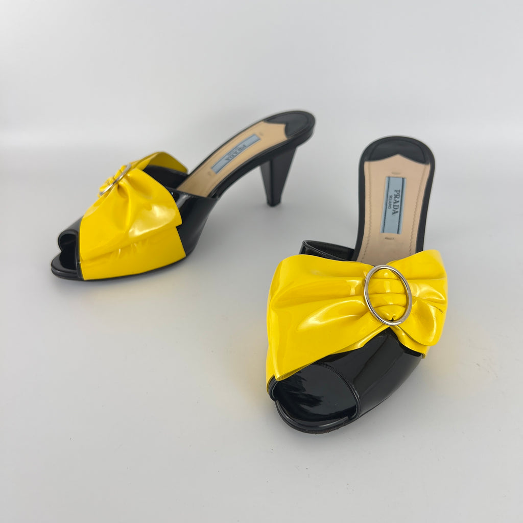 Prada | Yellow Knot Black Patent Leather Mid Heel Mules (36)