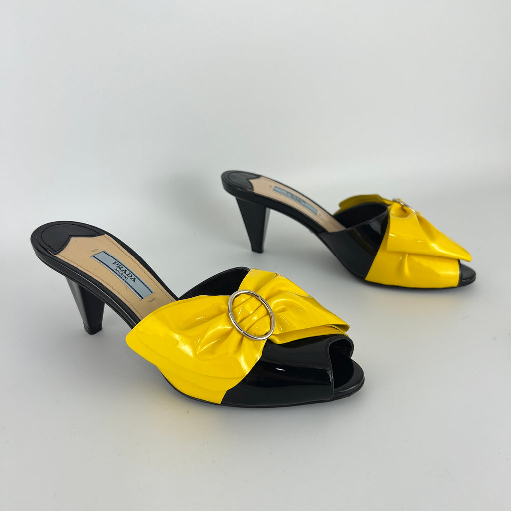 Prada | Yellow Knot Black Patent Leather Mid Heel Mules (36)