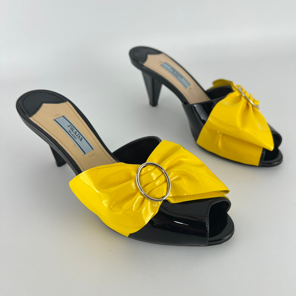 Prada | Yellow Knot Black Patent Leather Mid Heel Mules (36)
