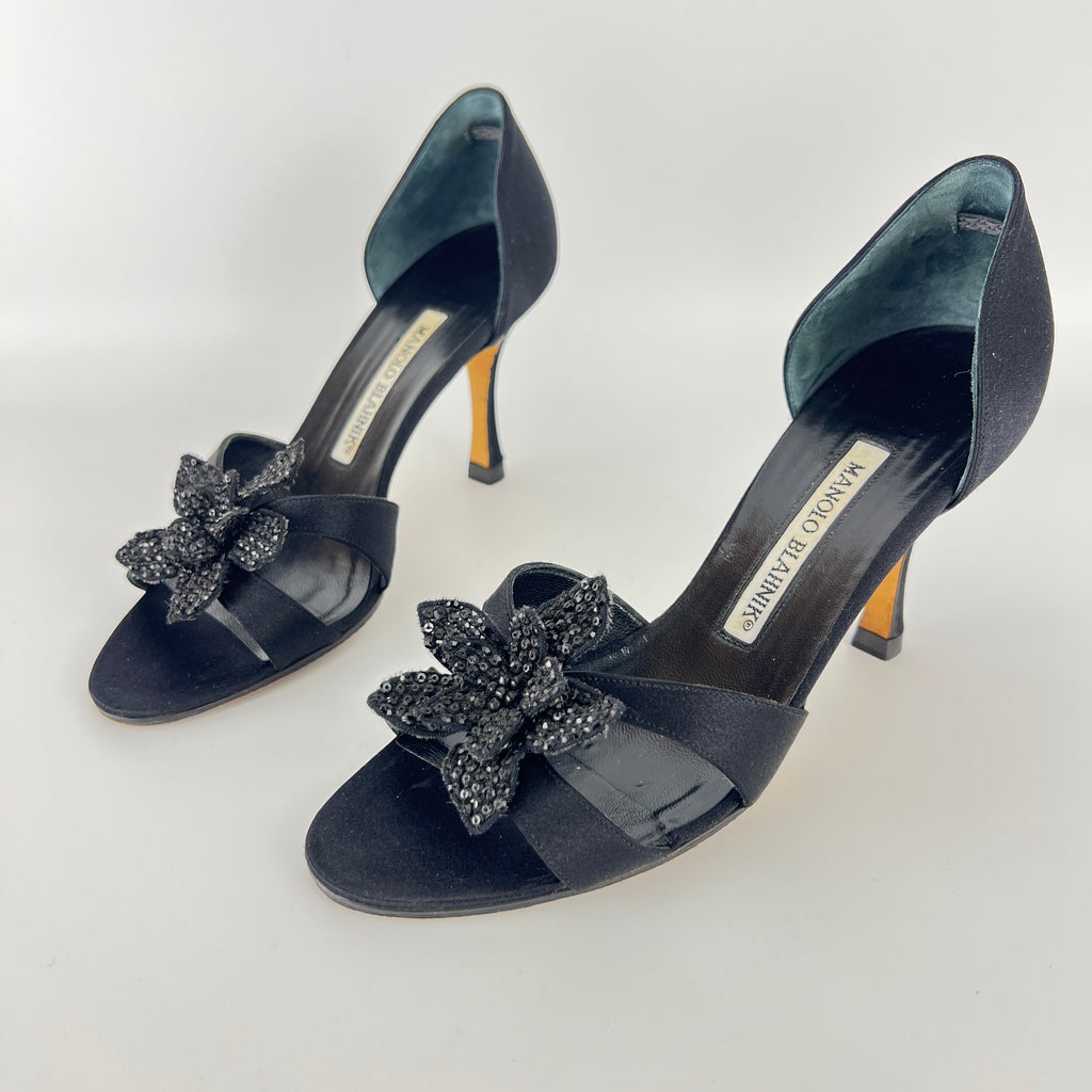 Manolo Blahnik | Black Satin Crystal Embellished Flower D'Orsay Pumps (35)