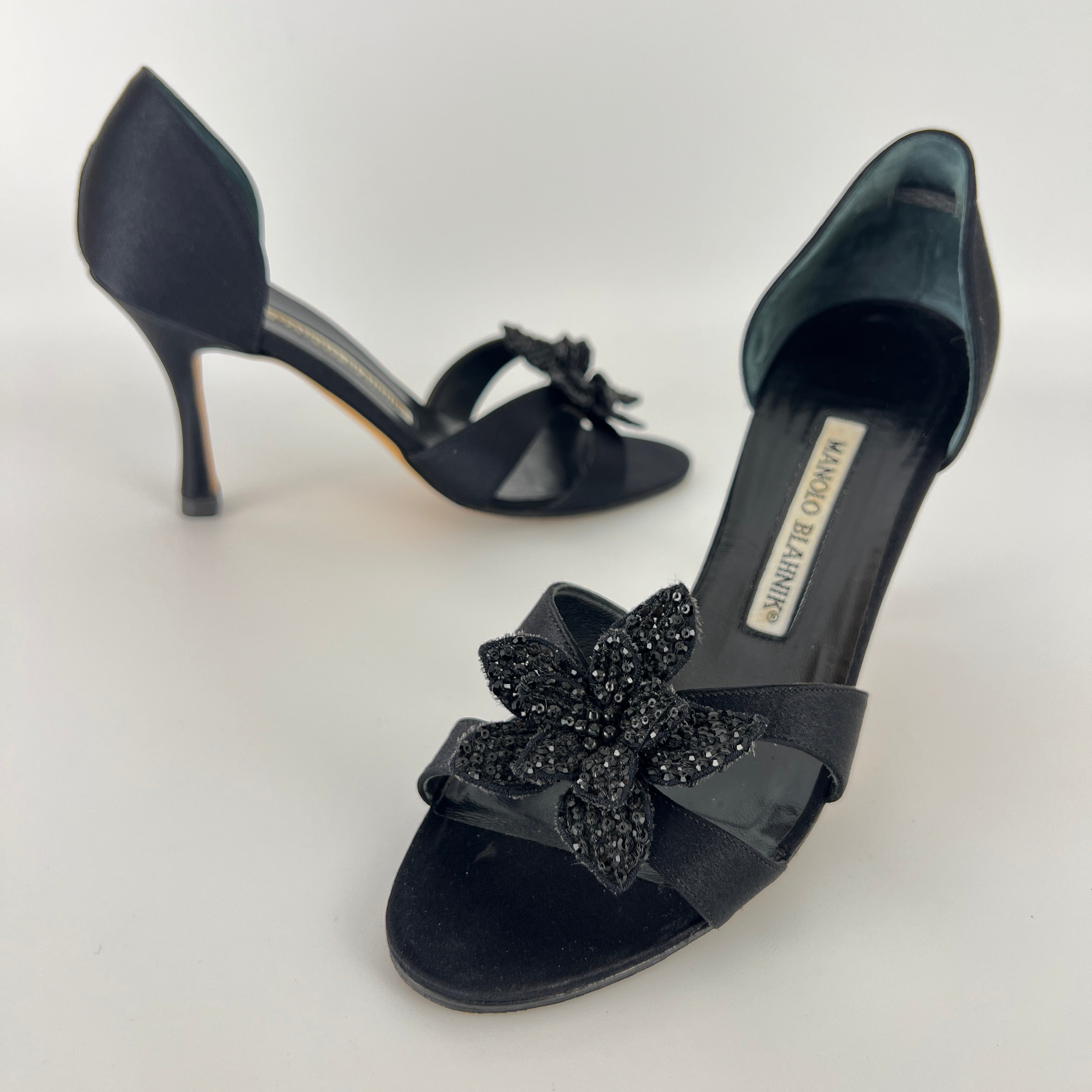 Manolo Blahnik | Black Satin Crystal Embellished Flower D'Orsay Pumps (35)