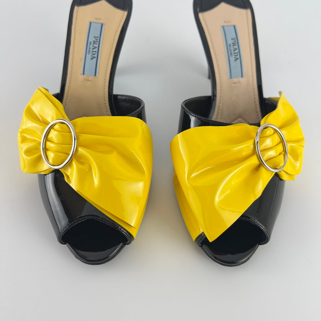 Prada | Yellow Knot Black Patent Leather Mid Heel Mules (36)