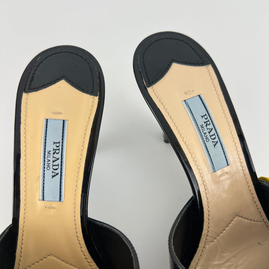 Prada | Yellow Knot Black Patent Leather Mid Heel Mules (36)