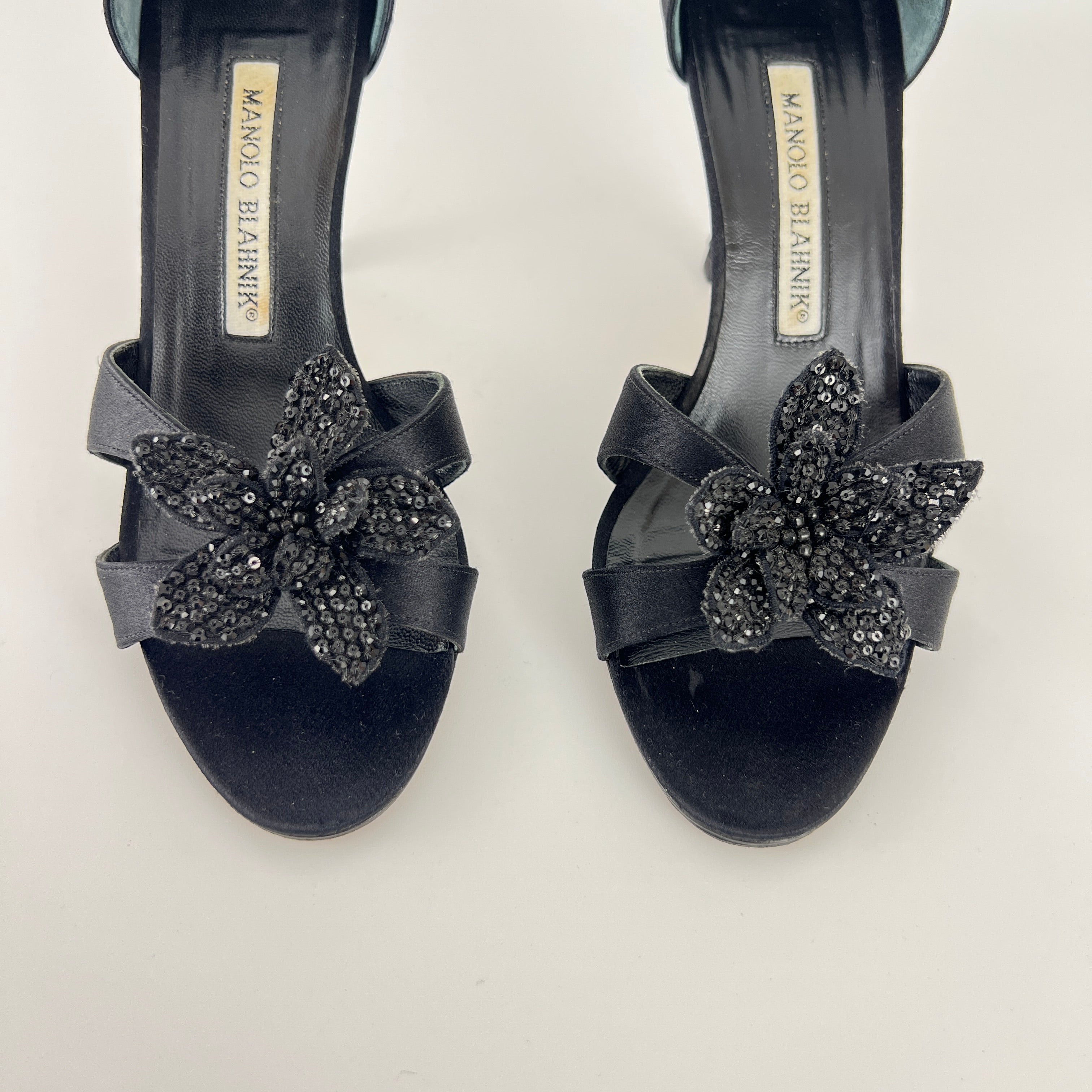Manolo Blahnik | Black Satin Crystal Embellished Flower D'Orsay Pumps (35)