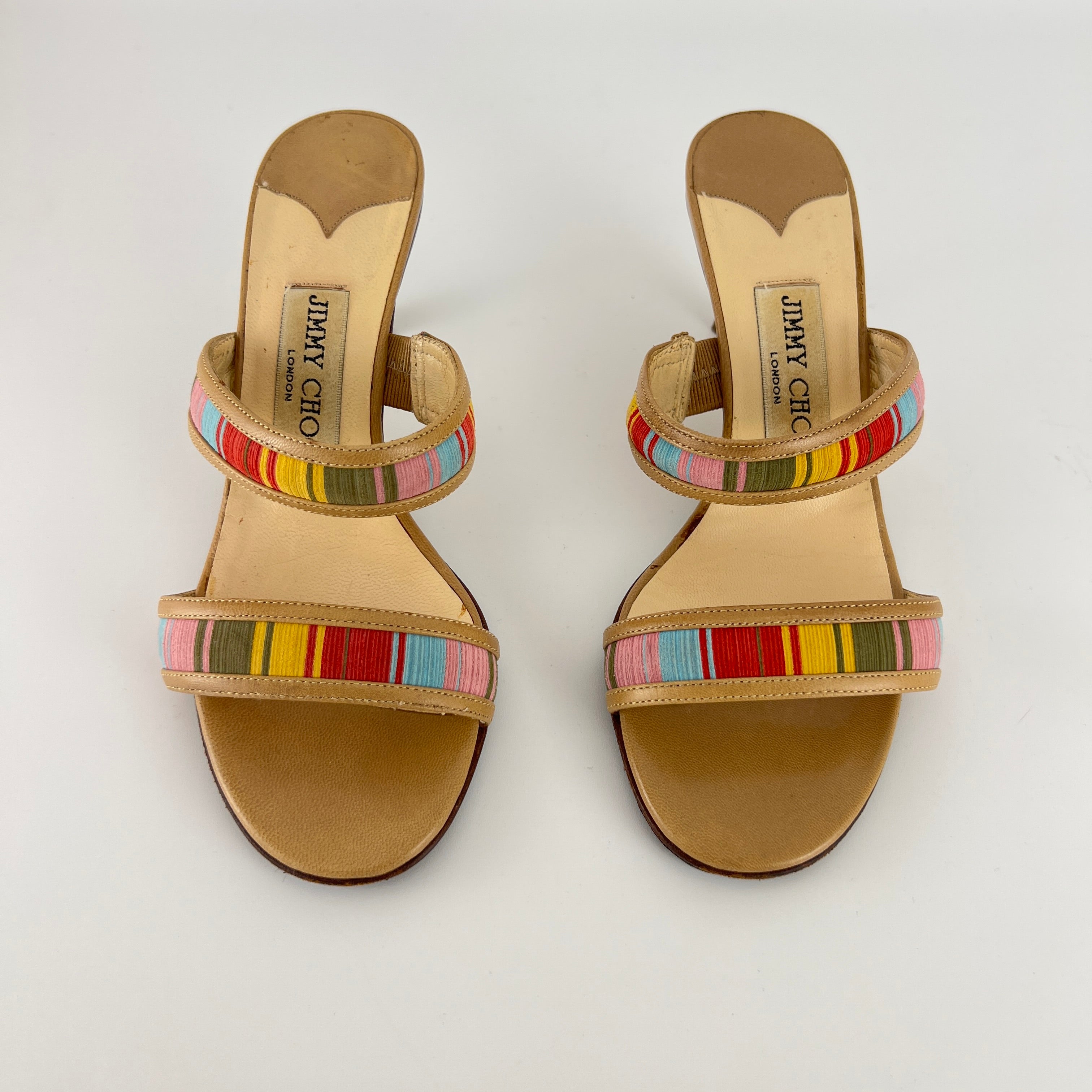 Jimmy Choo | Colourful Straps Tan Dual Strap Mid Heel Mules (35)