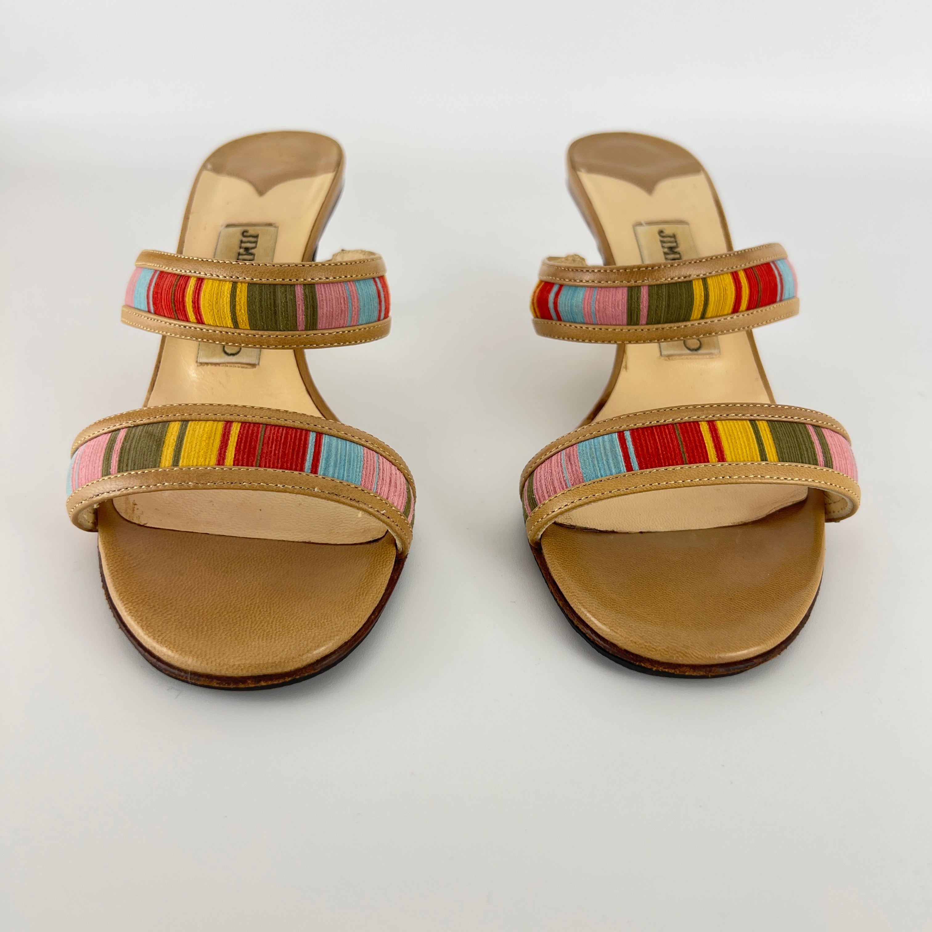 Jimmy Choo | Colourful Straps Tan Dual Strap Mid Heel Mules (35)