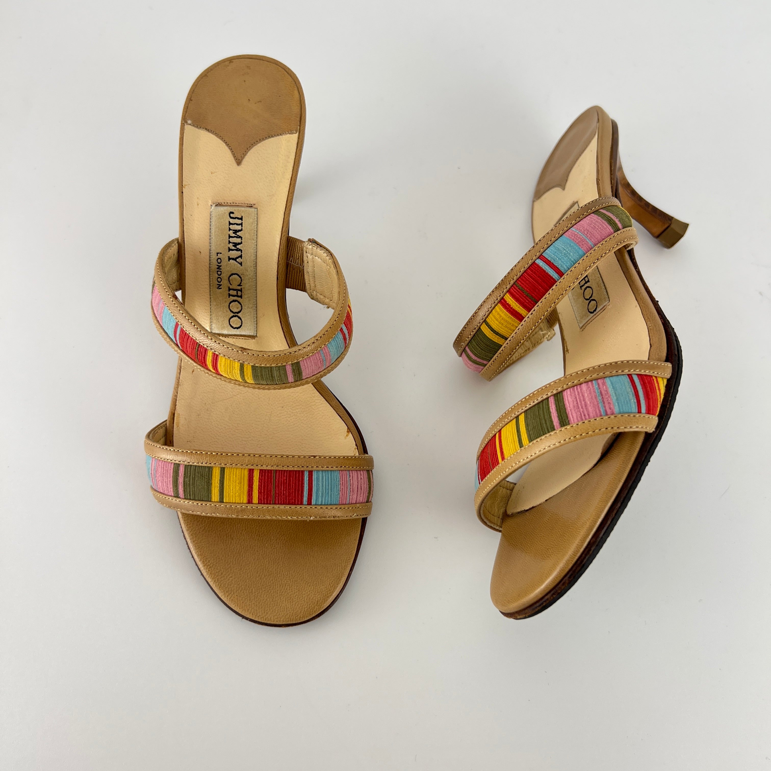 Jimmy Choo | Colourful Straps Tan Dual Strap Mid Heel Mules (35)