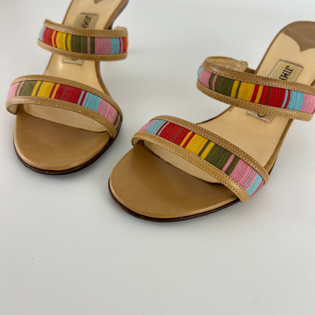 Jimmy Choo | Colourful Straps Tan Dual Strap Mid Heel Mules (35)
