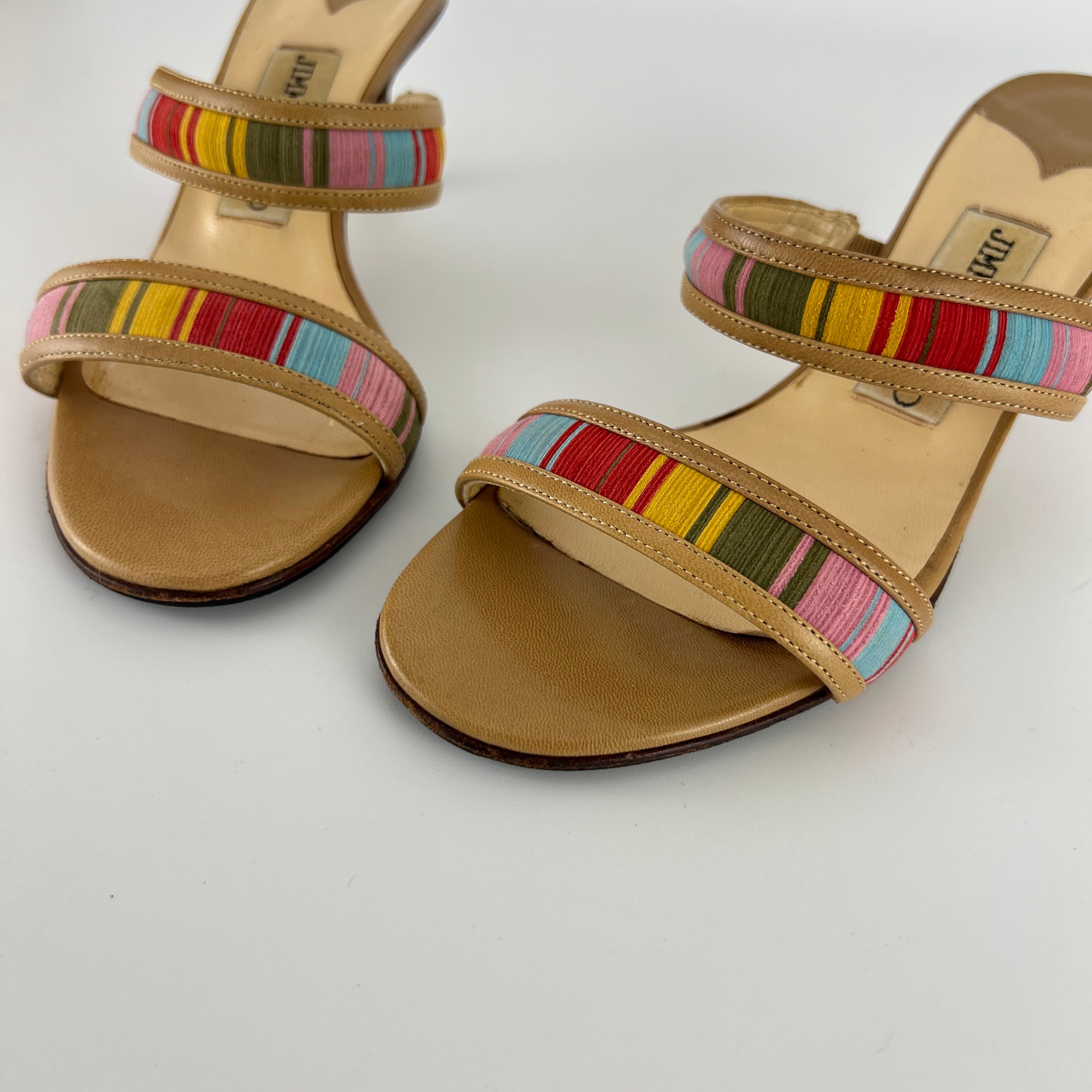Jimmy Choo | Colourful Straps Tan Dual Strap Mid Heel Mules (35)