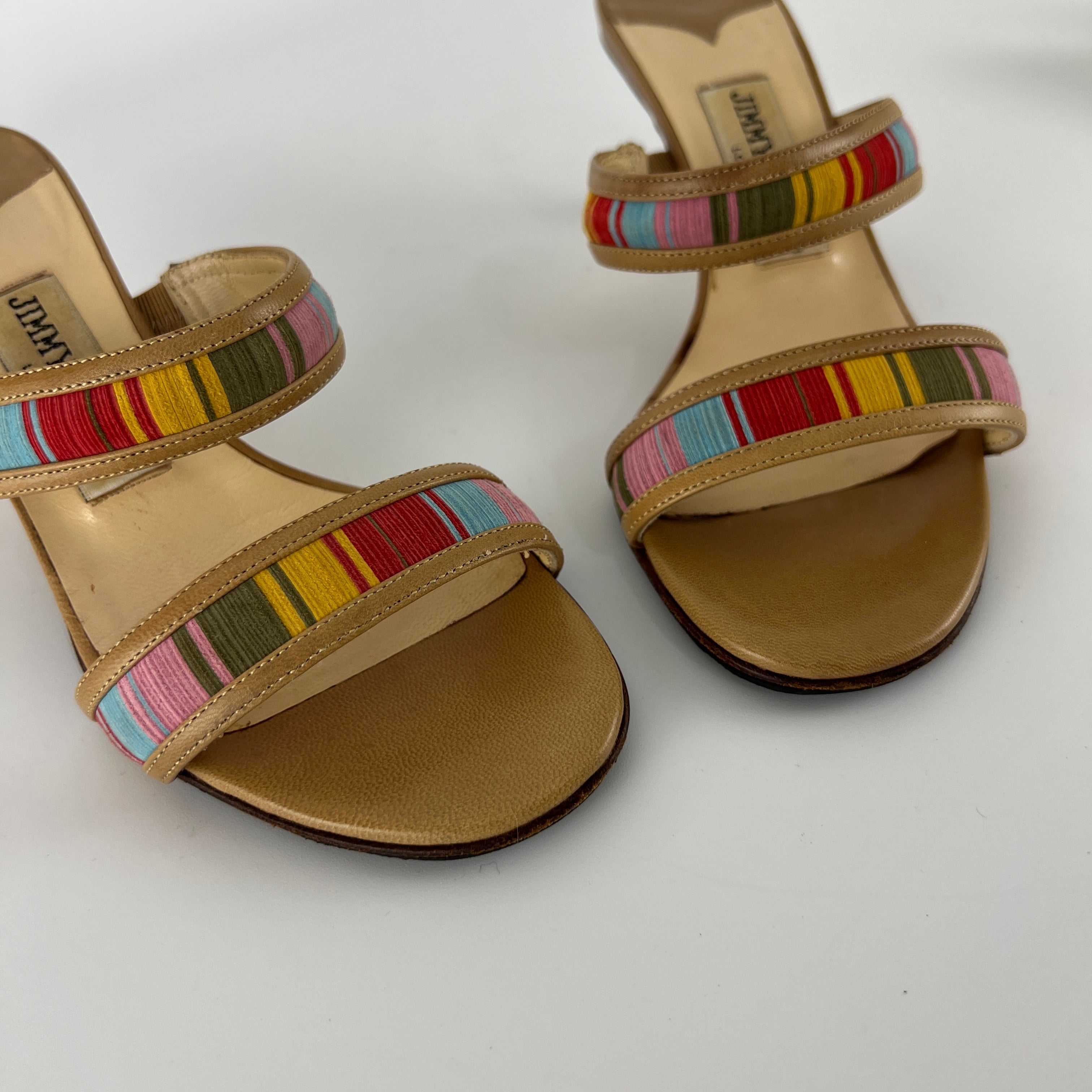 Jimmy Choo | Colourful Straps Tan Dual Strap Mid Heel Mules (35)