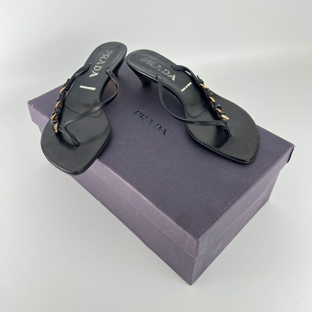Prada | Vintage Black Leather Gold Buckle Thong Kitten Heels (34.5)