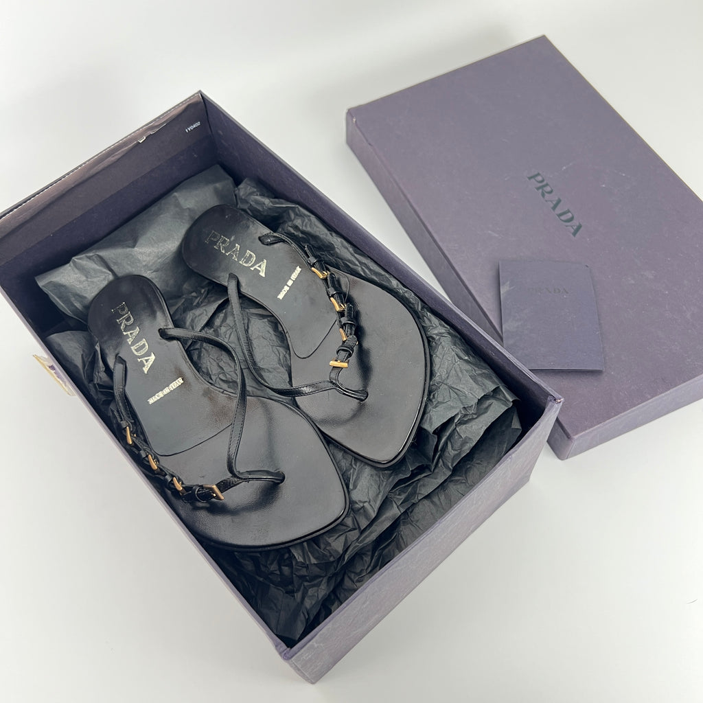 Prada | Vintage Black Leather Gold Buckle Thong Kitten Heels (34.5)