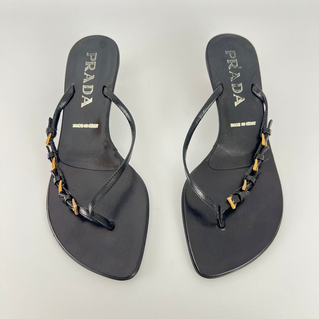 Prada | Vintage Black Leather Gold Buckle Thong Kitten Heels (34.5)