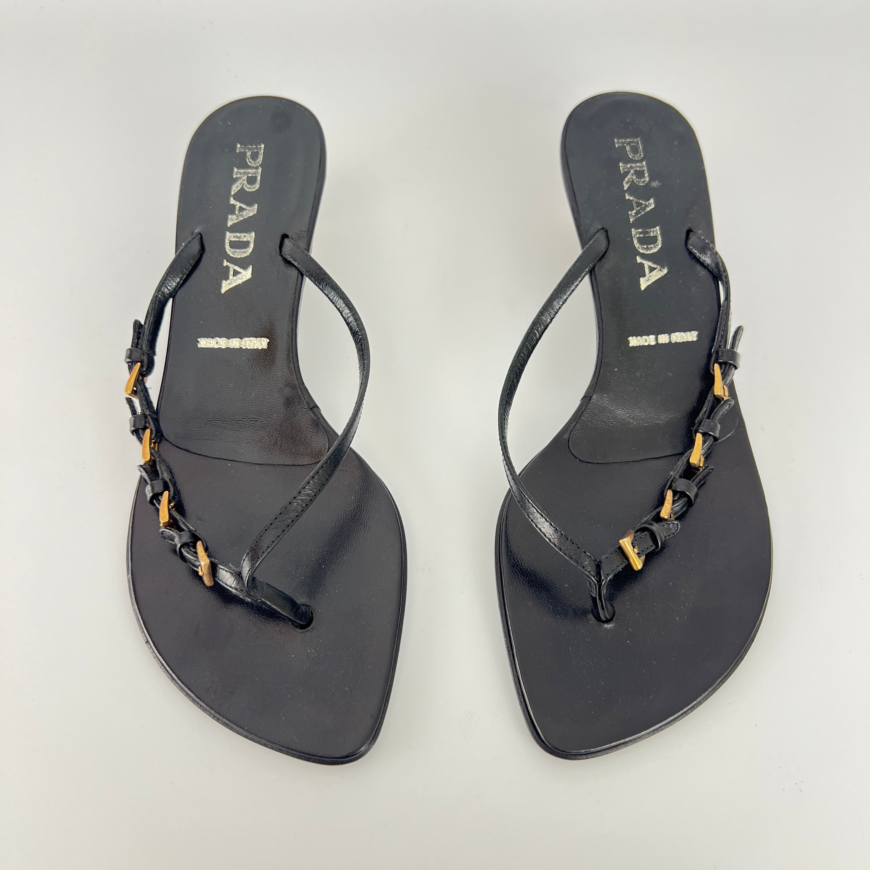 Prada | Vintage Black Leather Gold Buckle Thong Kitten Heels (34.5)