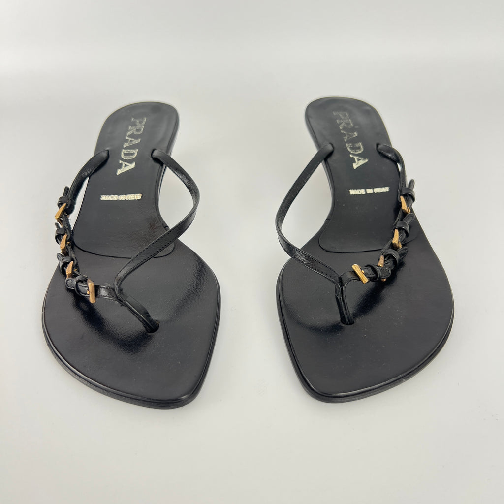 Prada | Vintage Black Leather Gold Buckle Thong Kitten Heels (34.5)