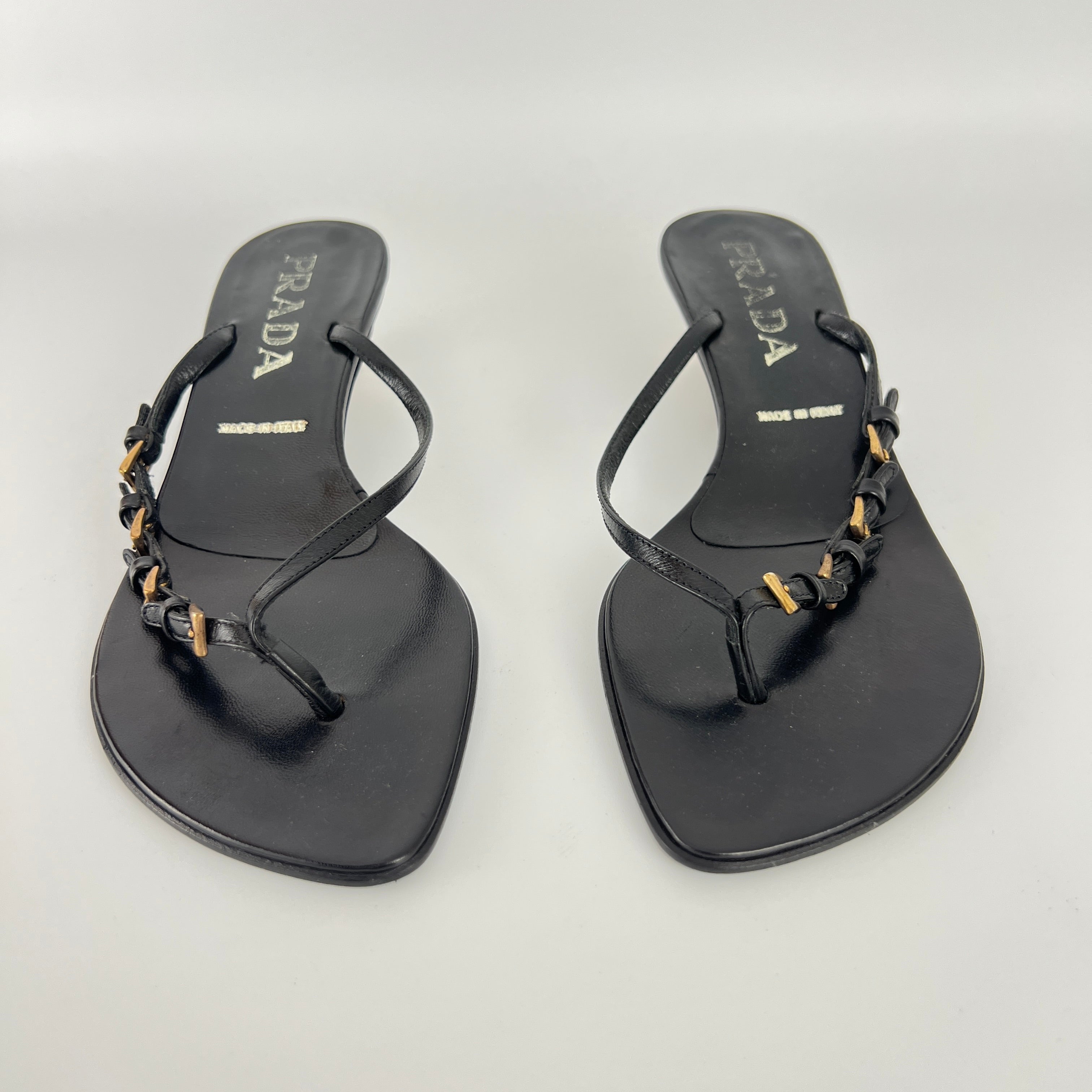 Prada | Vintage Black Leather Gold Buckle Thong Kitten Heels (34.5)