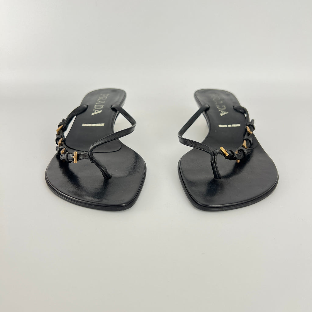 Prada | Vintage Black Leather Gold Buckle Thong Kitten Heels (34.5)