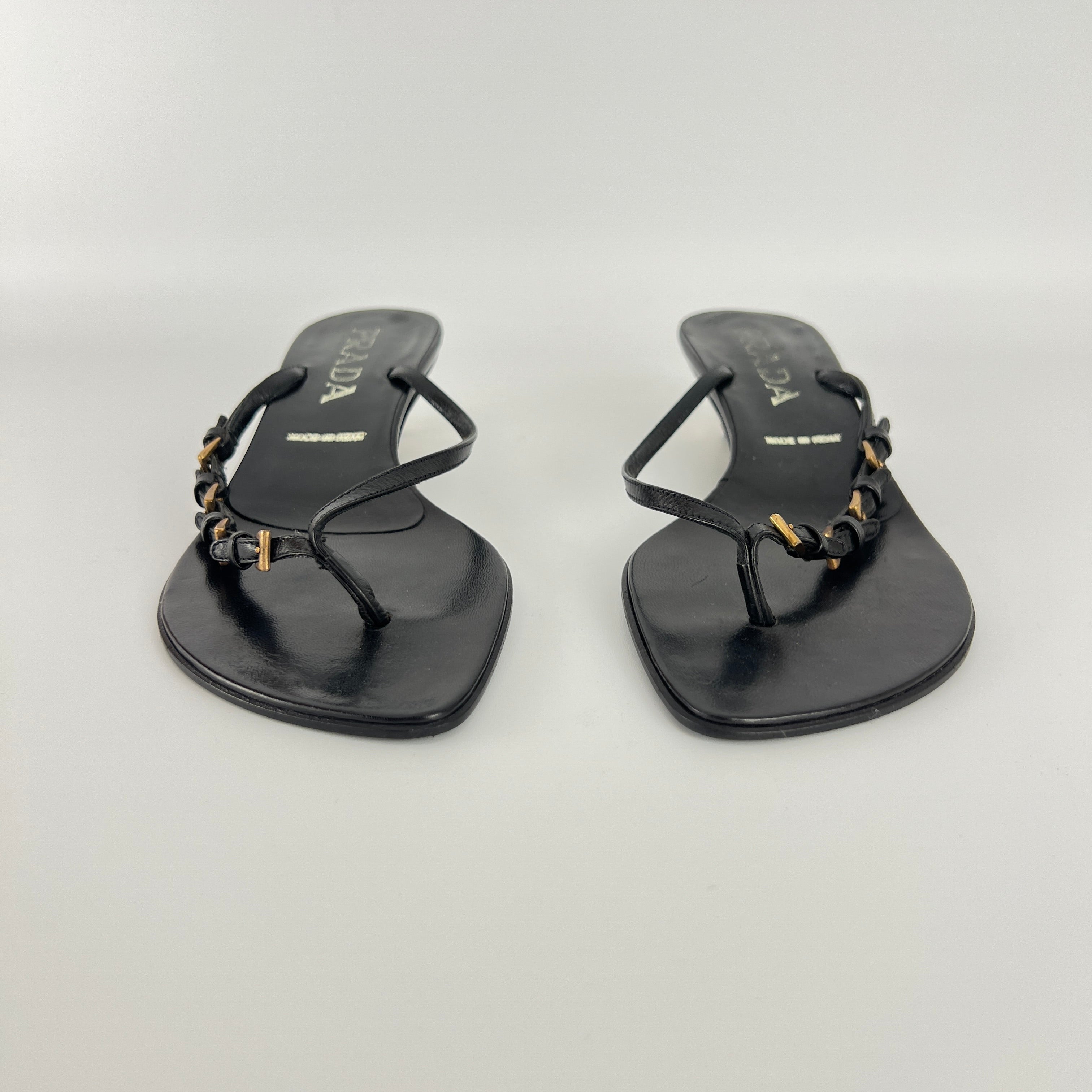 Prada | Vintage Black Leather Gold Buckle Thong Kitten Heels (34.5)