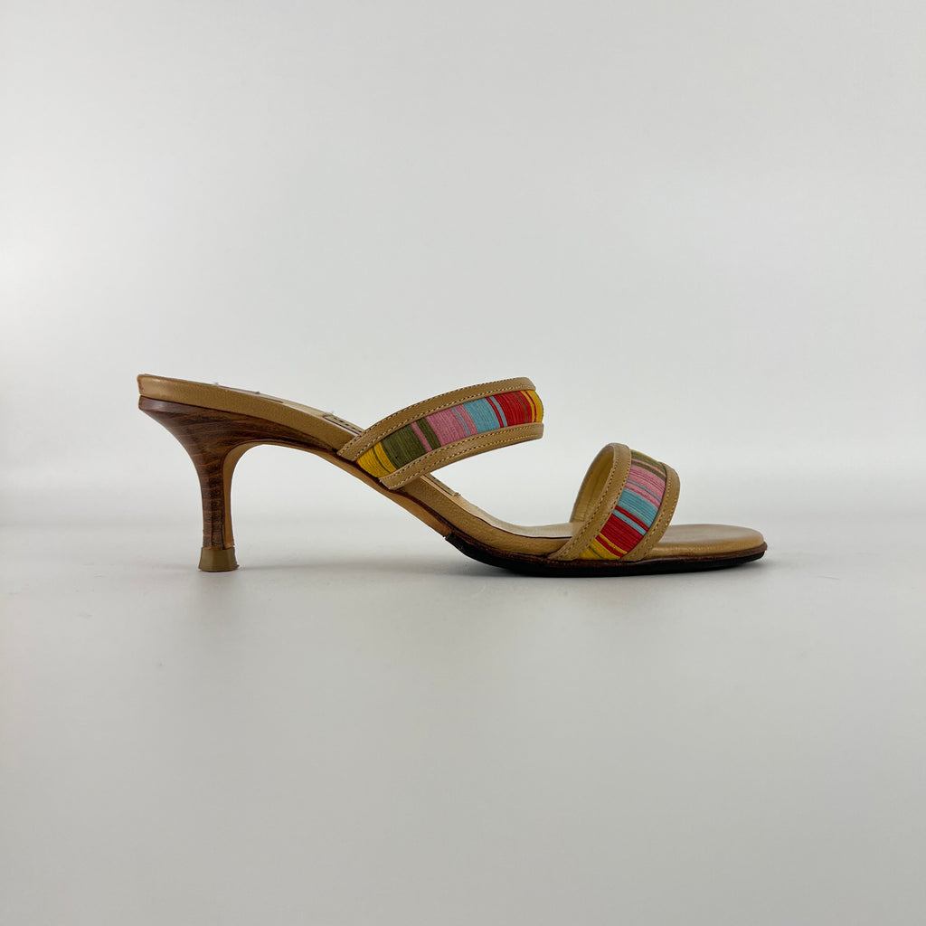Jimmy Choo | Colourful Straps Tan Dual Strap Mid Heel Mules (35)