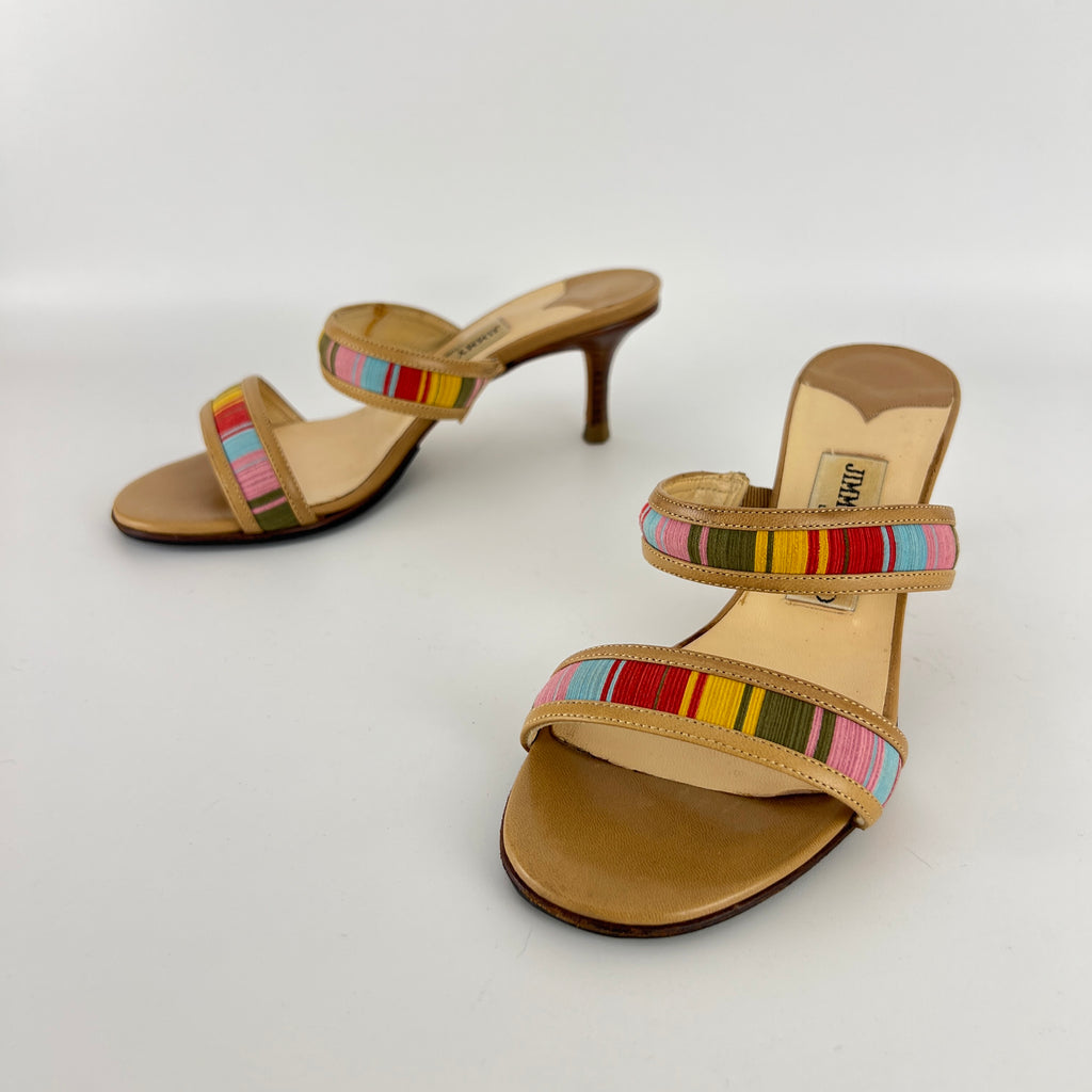 Jimmy Choo | Colourful Straps Tan Dual Strap Mid Heel Mules (35)