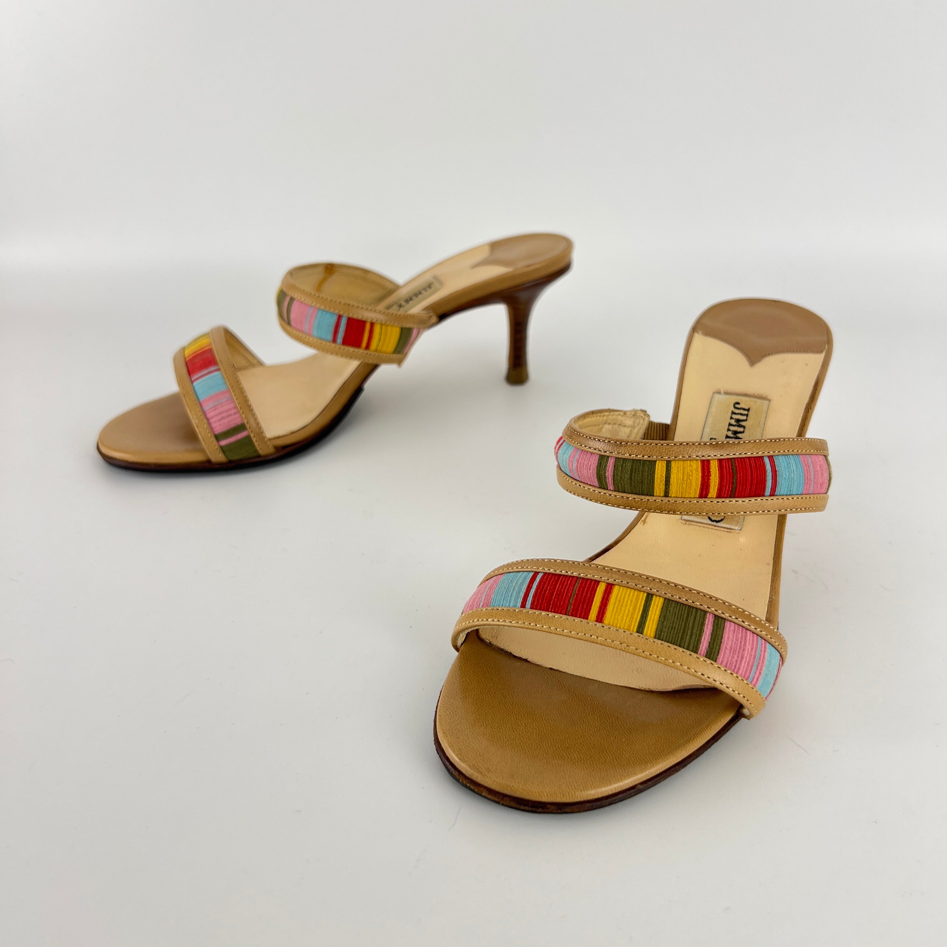 Jimmy Choo | Colourful Straps Tan Dual Strap Mid Heel Mules (35)