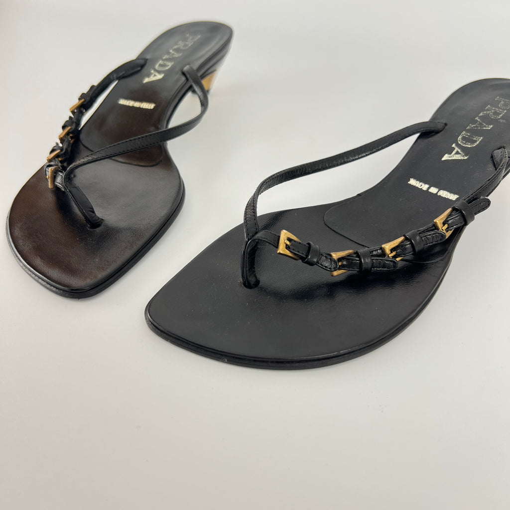 Prada | Vintage Black Leather Gold Buckle Thong Kitten Heels (34.5)