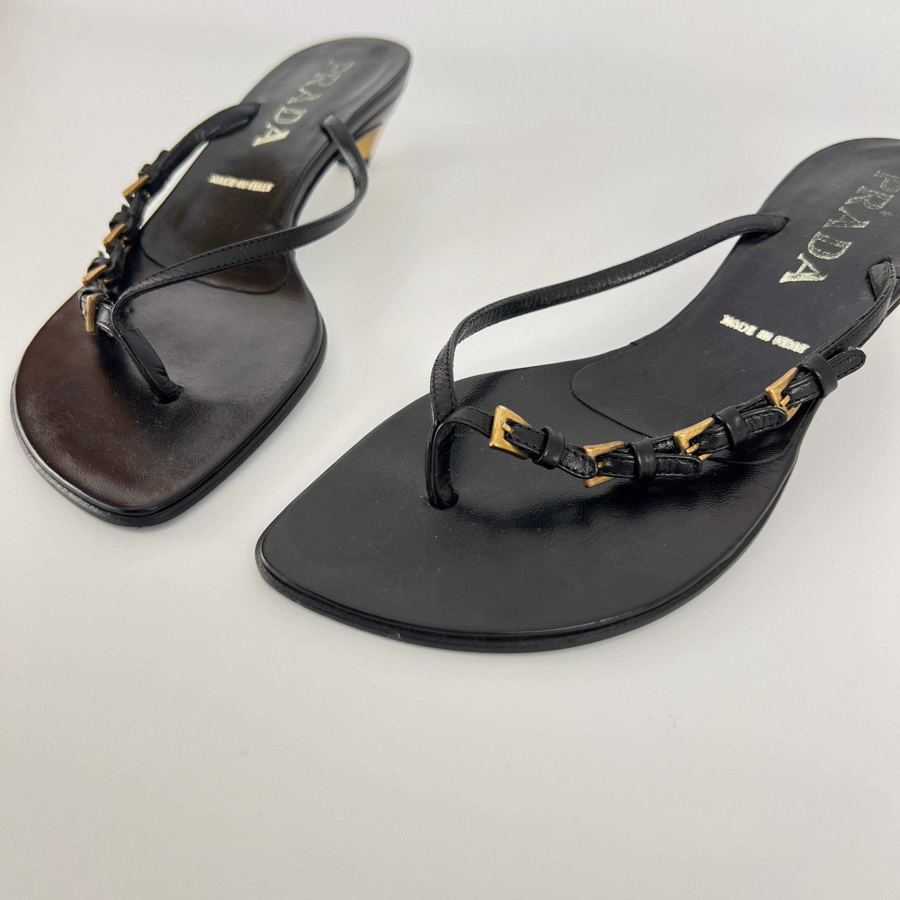 Prada | Vintage Black Leather Gold Buckle Thong Kitten Heels (34.5)