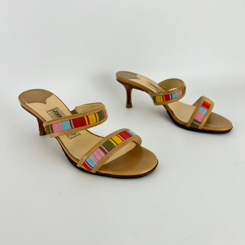 Jimmy Choo | Colourful Straps Tan Dual Strap Mid Heel Mules (35)