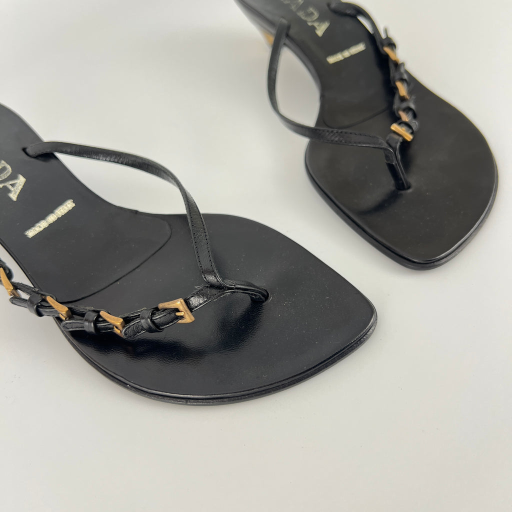 Prada | Vintage Black Leather Gold Buckle Thong Kitten Heels (34.5)