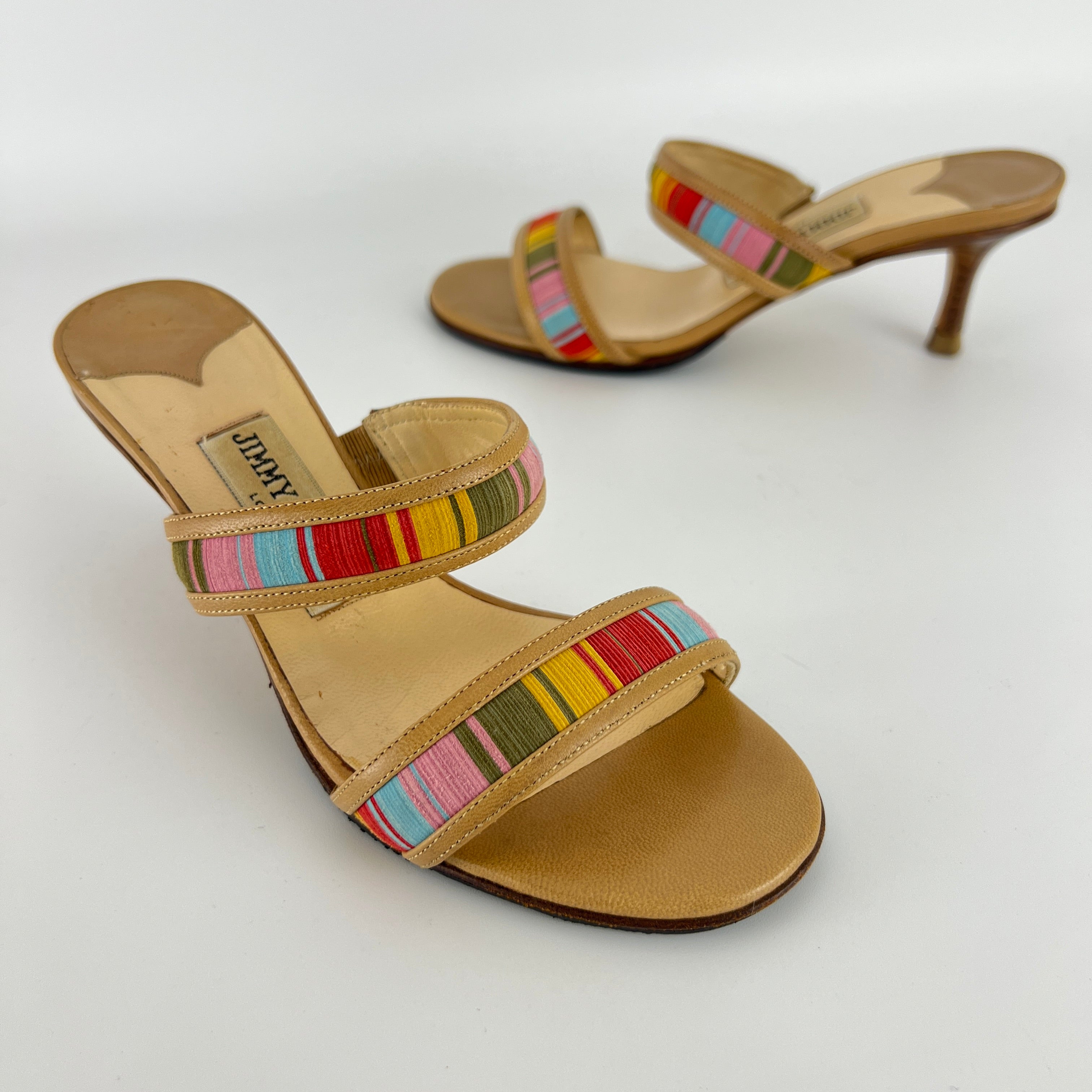 Jimmy Choo | Colourful Straps Tan Dual Strap Mid Heel Mules (35)