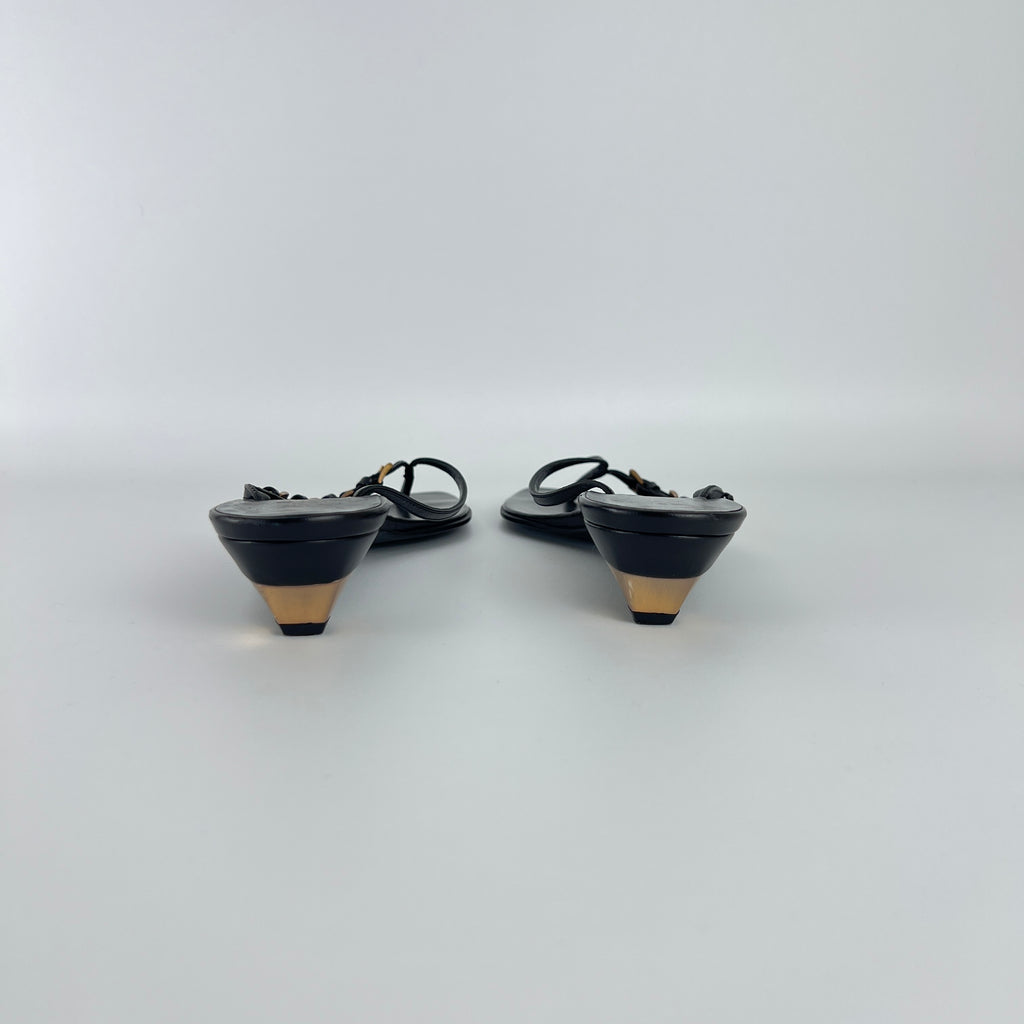 Prada | Vintage Black Leather Gold Buckle Thong Kitten Heels (34.5)
