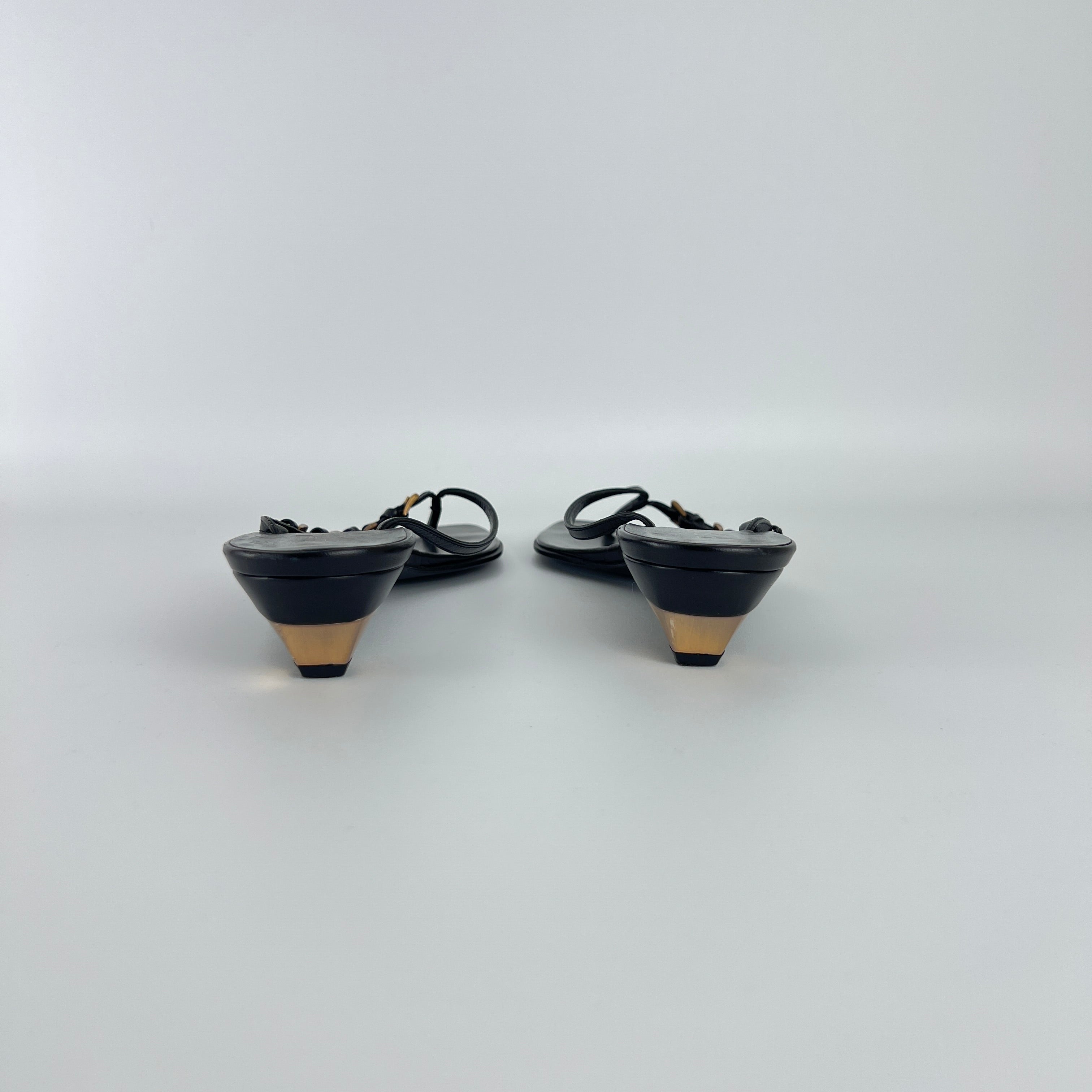 Prada | Vintage Black Leather Gold Buckle Thong Kitten Heels (34.5)