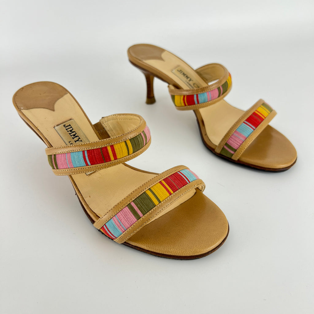 Jimmy Choo | Colourful Straps Tan Dual Strap Mid Heel Mules (35)
