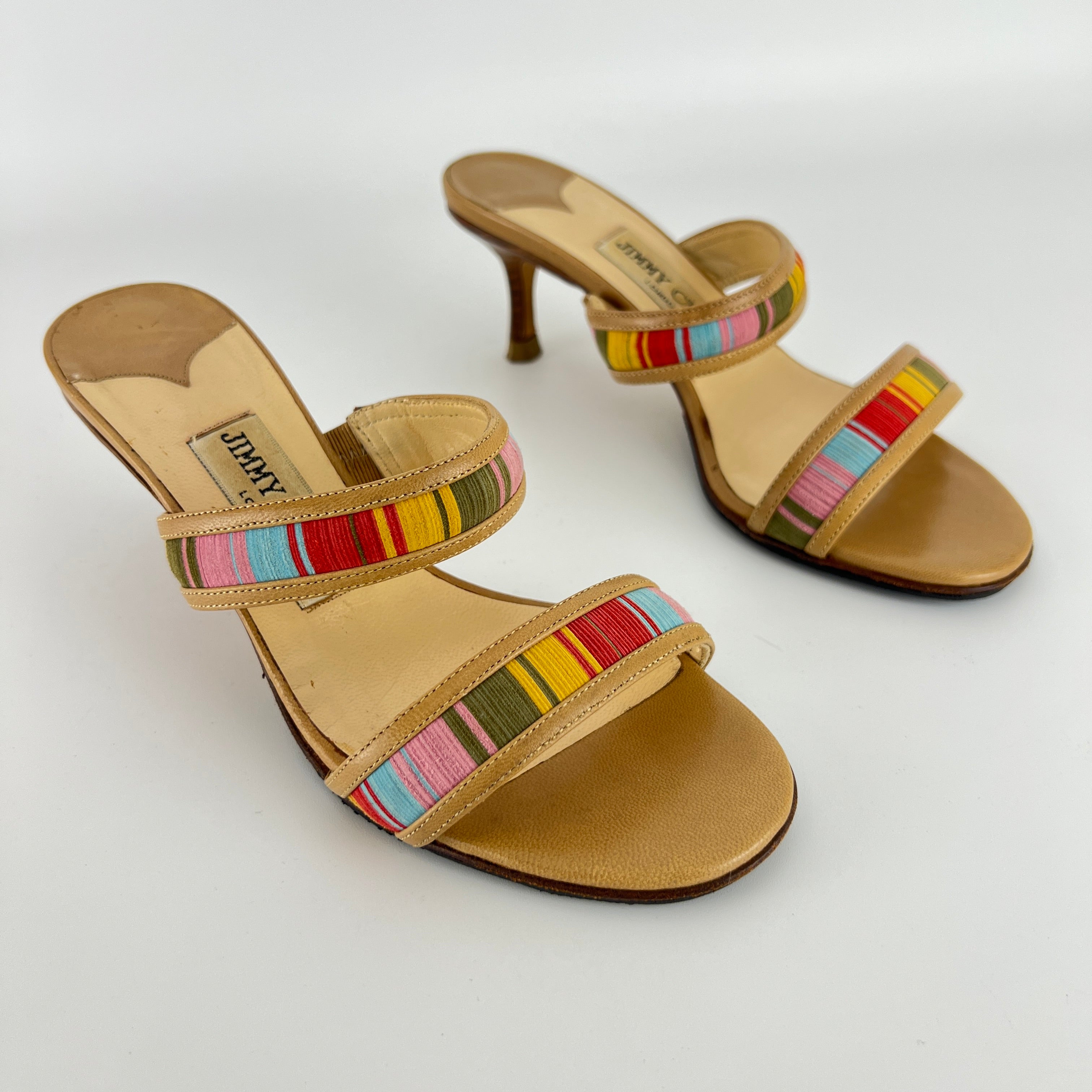 Jimmy Choo | Colourful Straps Tan Dual Strap Mid Heel Mules (35)