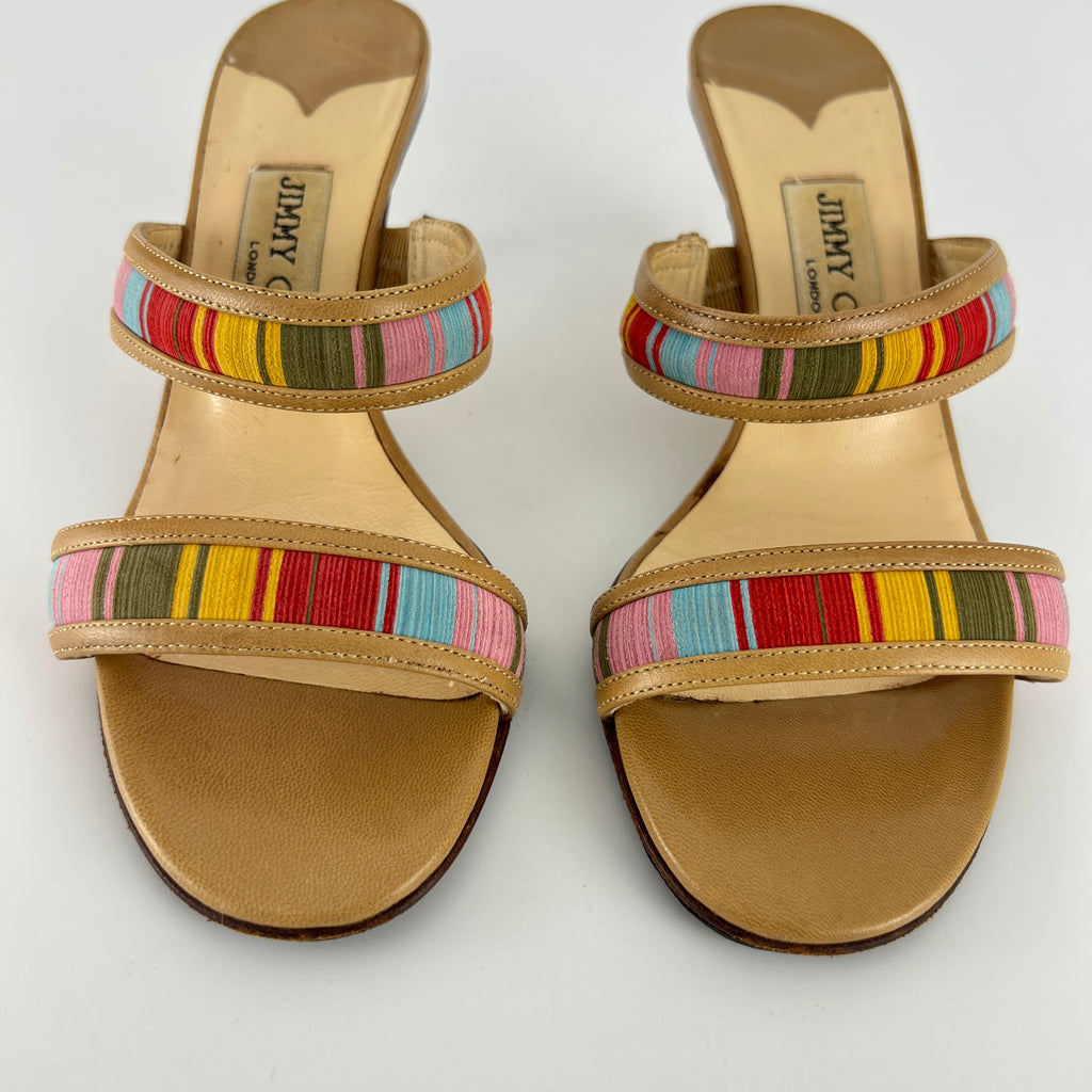 Jimmy Choo | Colourful Straps Tan Dual Strap Mid Heel Mules (35)