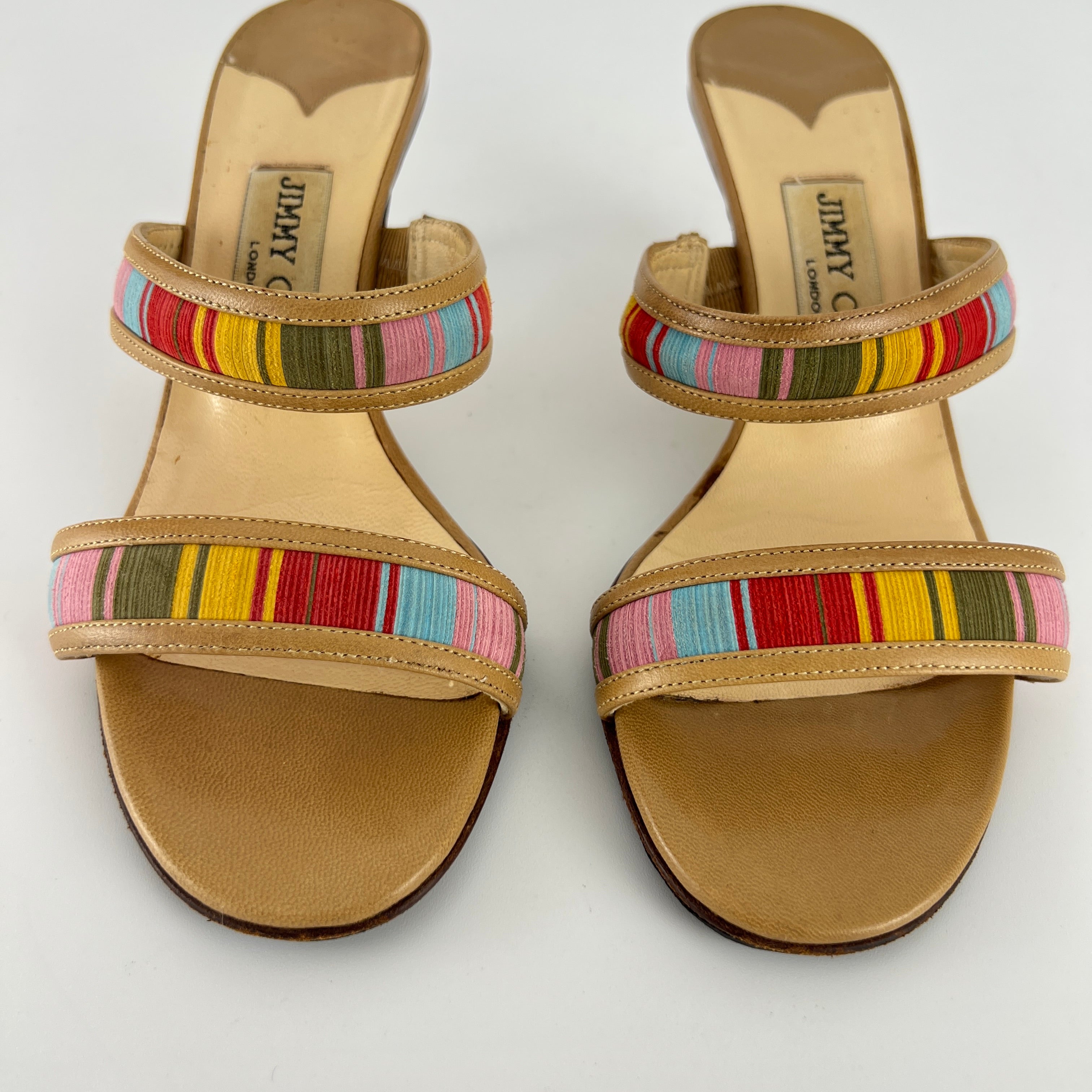 Jimmy Choo | Colourful Straps Tan Dual Strap Mid Heel Mules (35)