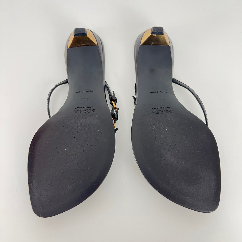Prada | Vintage Black Leather Gold Buckle Thong Kitten Heels (34.5)