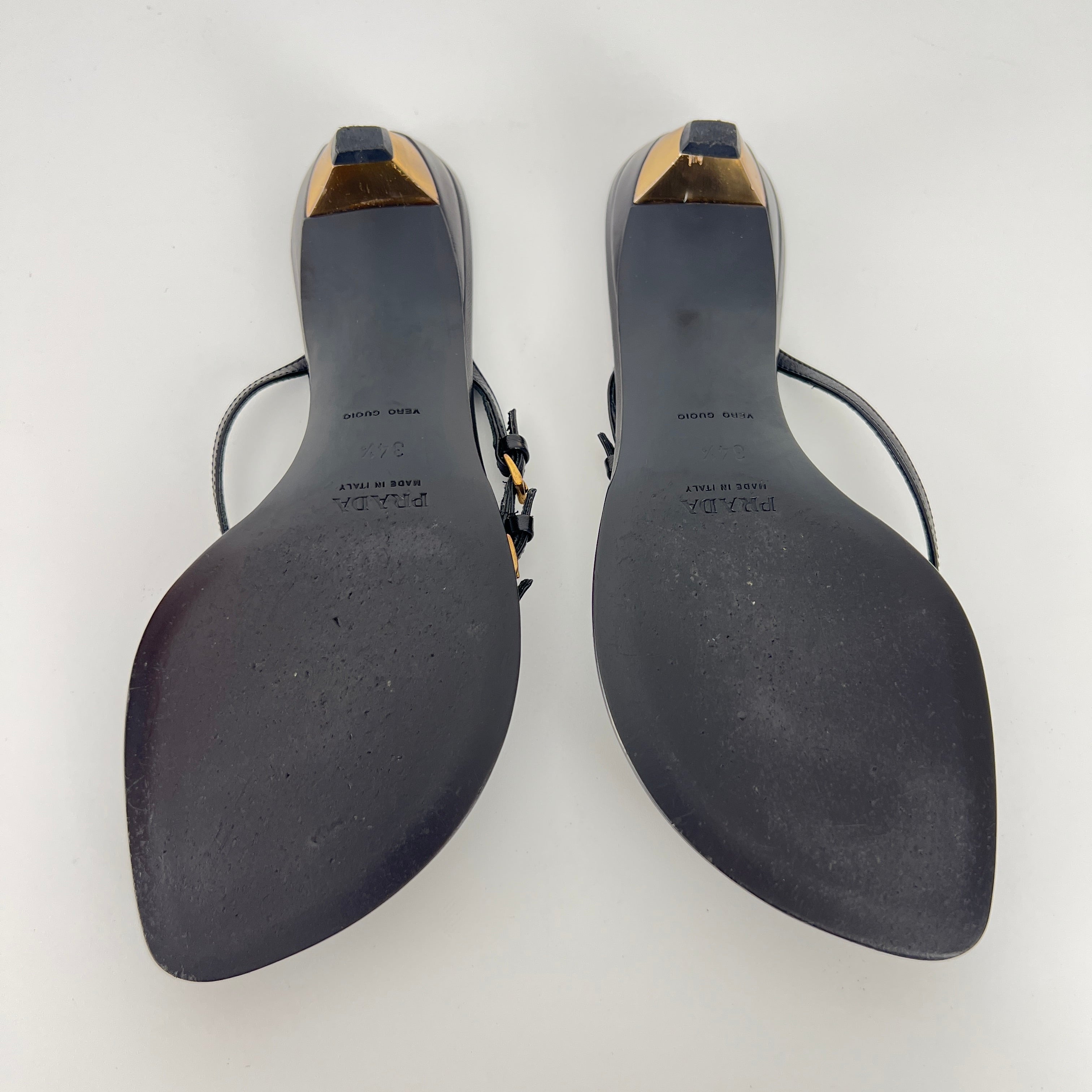 Prada | Vintage Black Leather Gold Buckle Thong Kitten Heels (34.5)