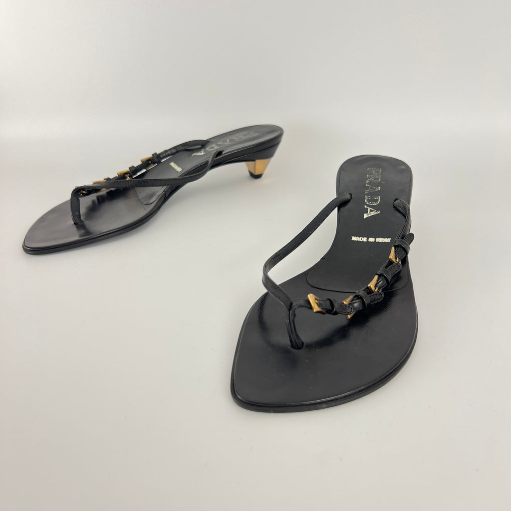 Prada | Vintage Black Leather Gold Buckle Thong Kitten Heels (34.5)