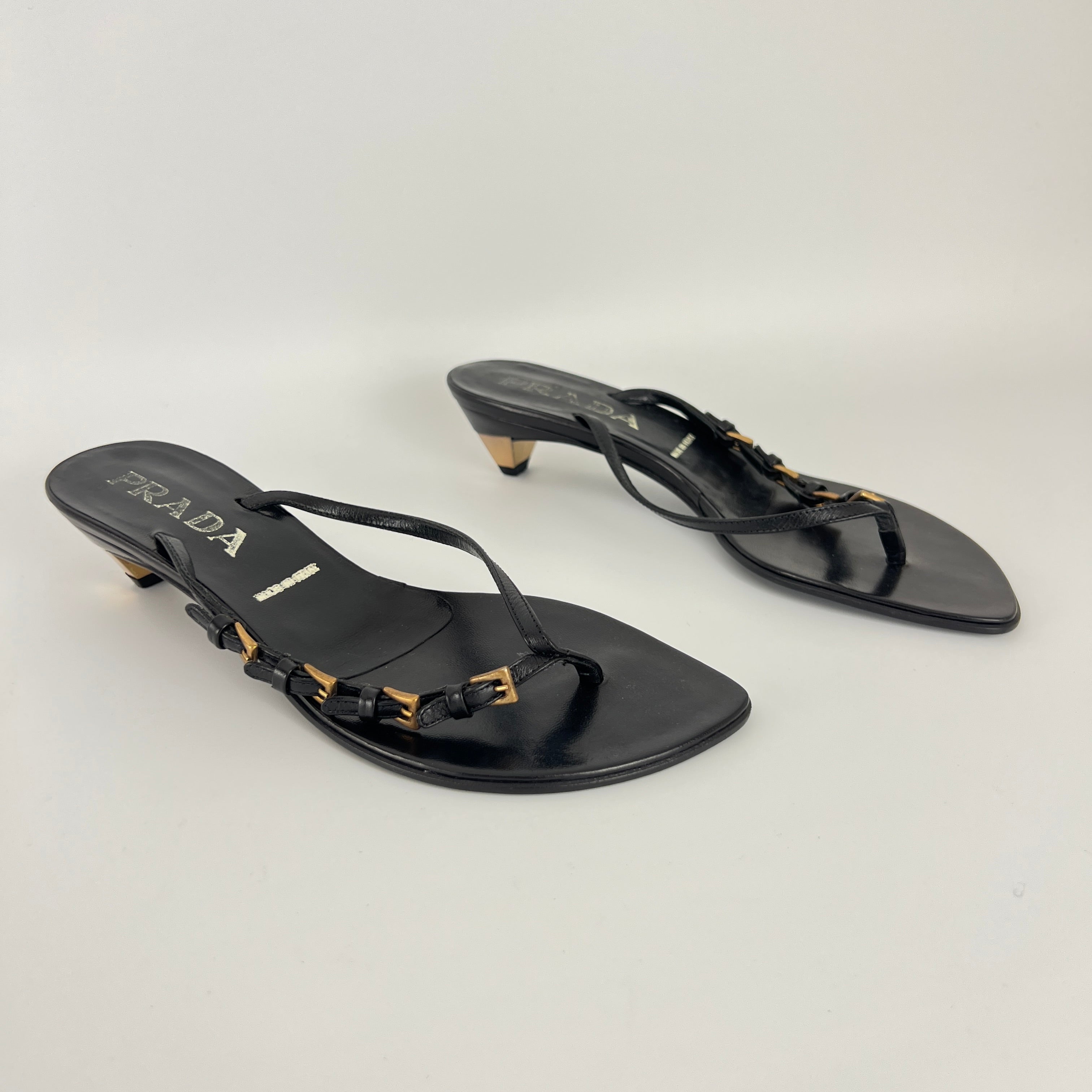 Prada | Vintage Black Leather Gold Buckle Thong Kitten Heels (34.5)